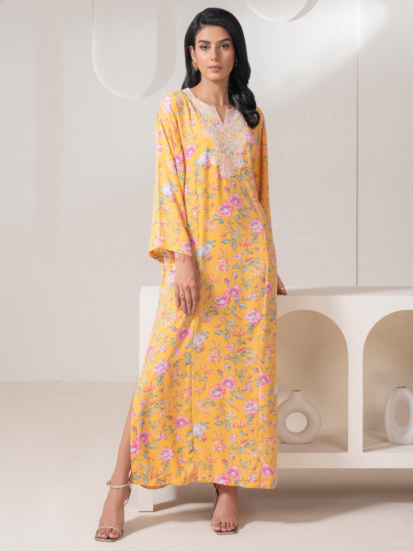 Embroidered Printed Grip Kaftan (Pret)