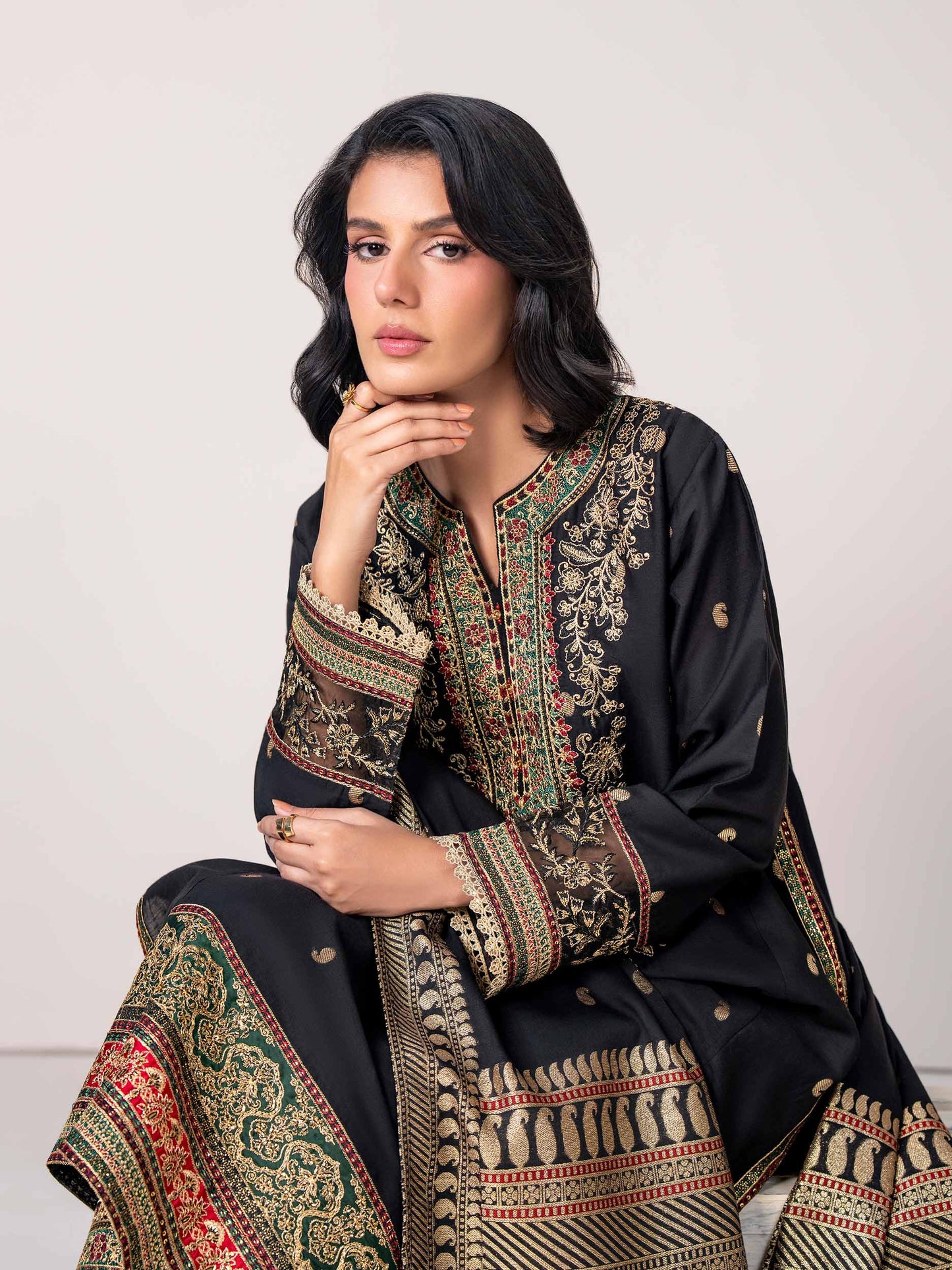 3 Piece Jacquard Suit- Embroidered (Pret)