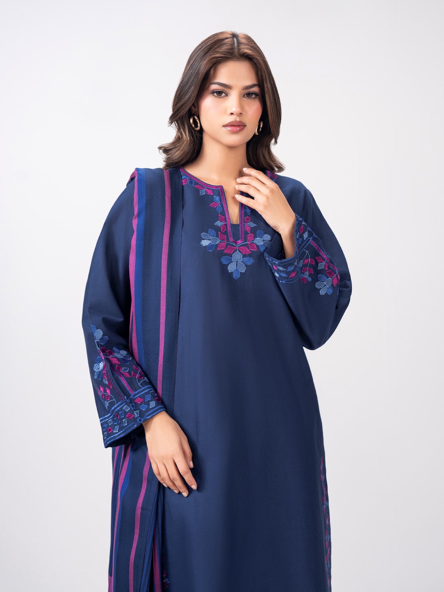 3 Piece Slub Khaddar Suit- Embroidered (Pret)