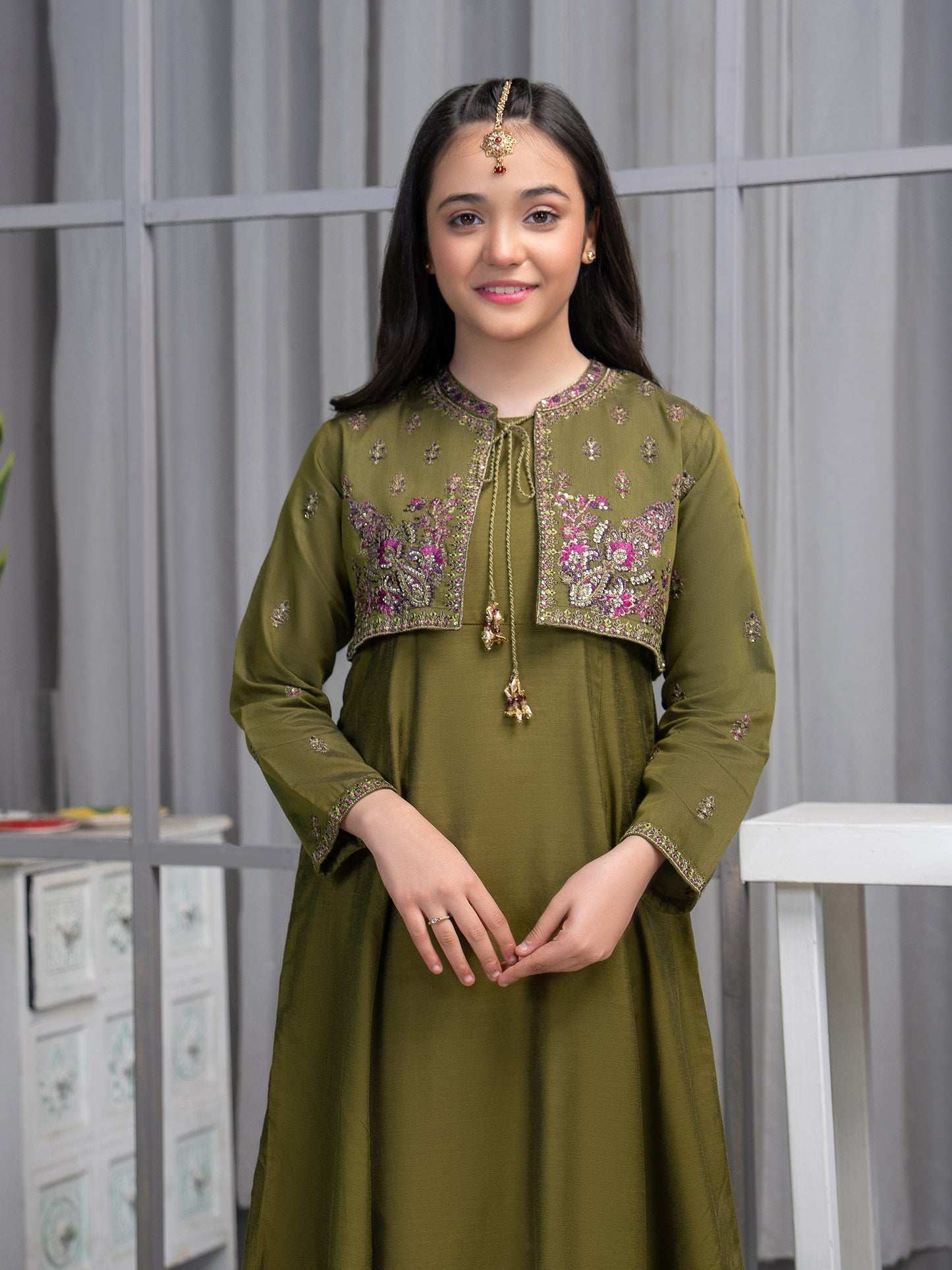 Raw Silk Frock With Bolero-Embroidered