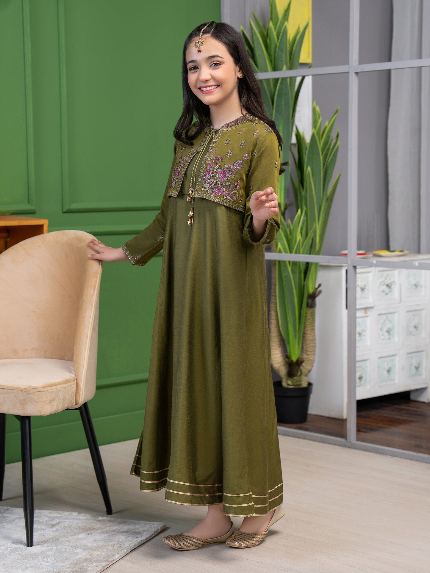 Raw Silk Frock With Bolero-Embroidered