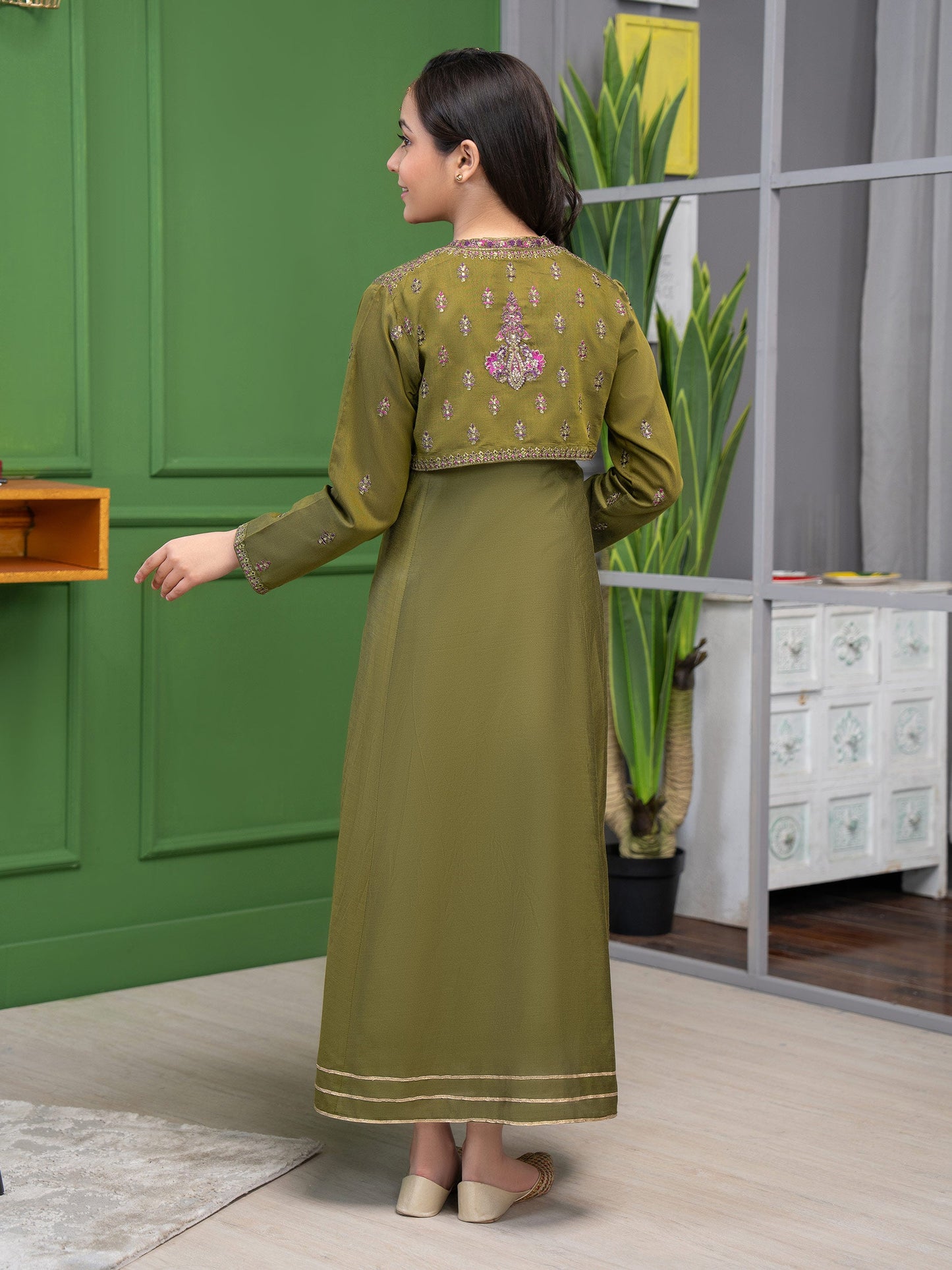 Raw Silk Frock With Bolero-Embroidered