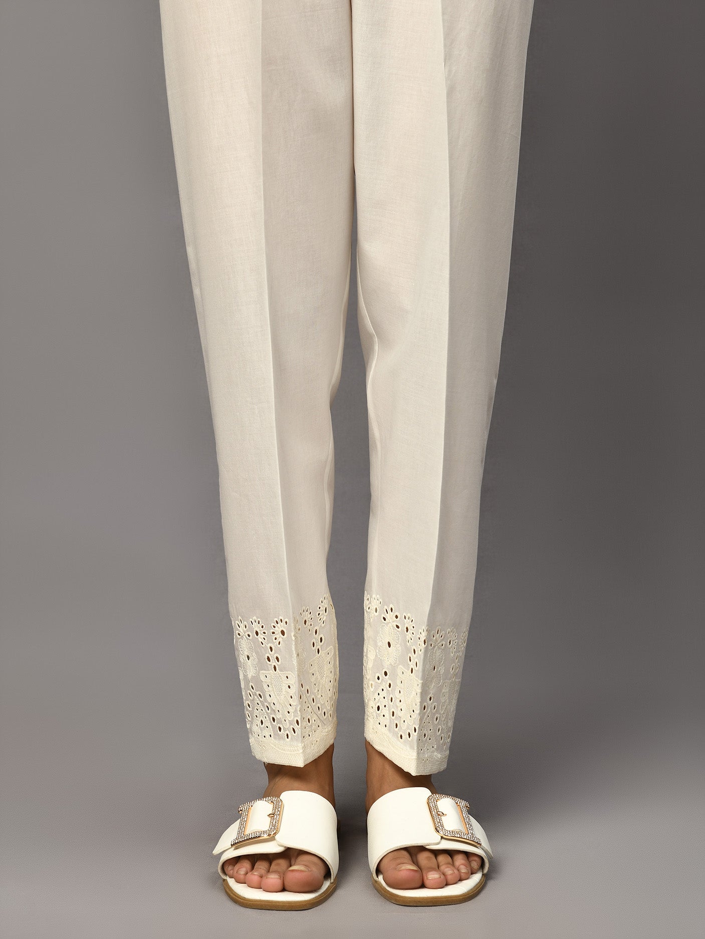 Embroidered Cambric Trouser - White