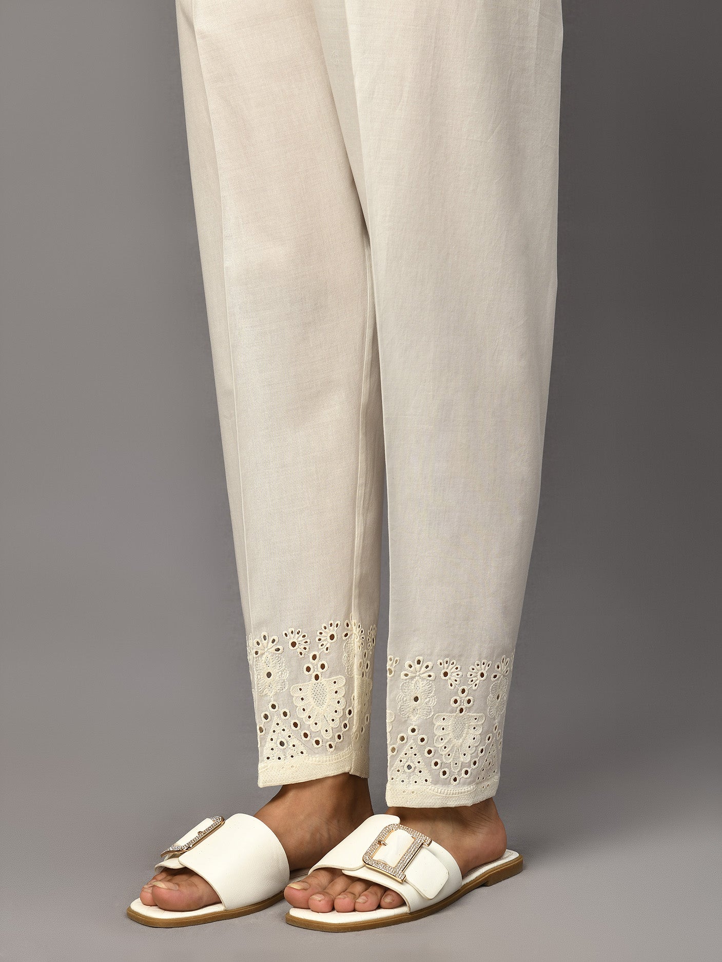 Embroidered Cambric Trouser - White
