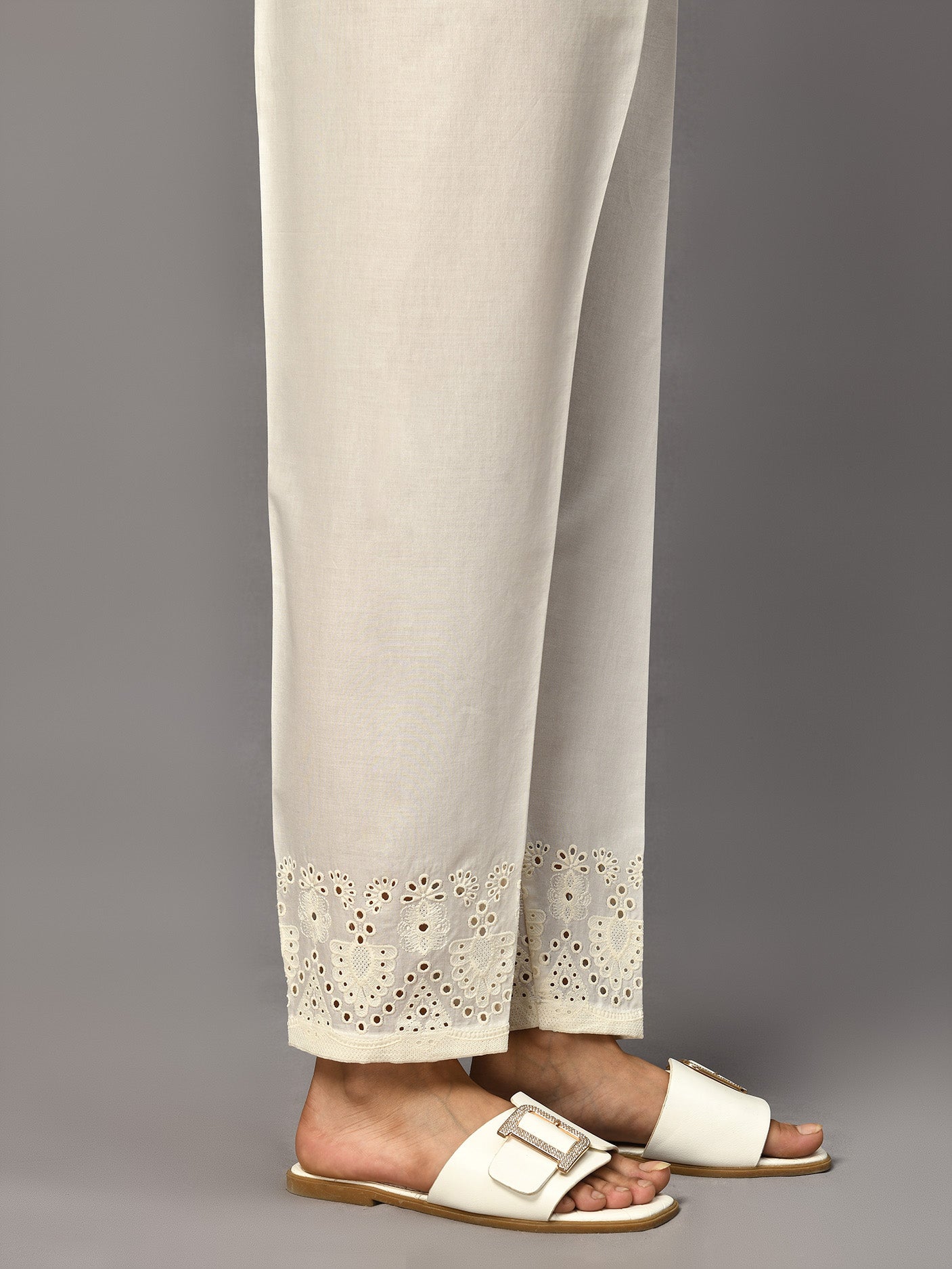 Embroidered Cambric Trouser - White
