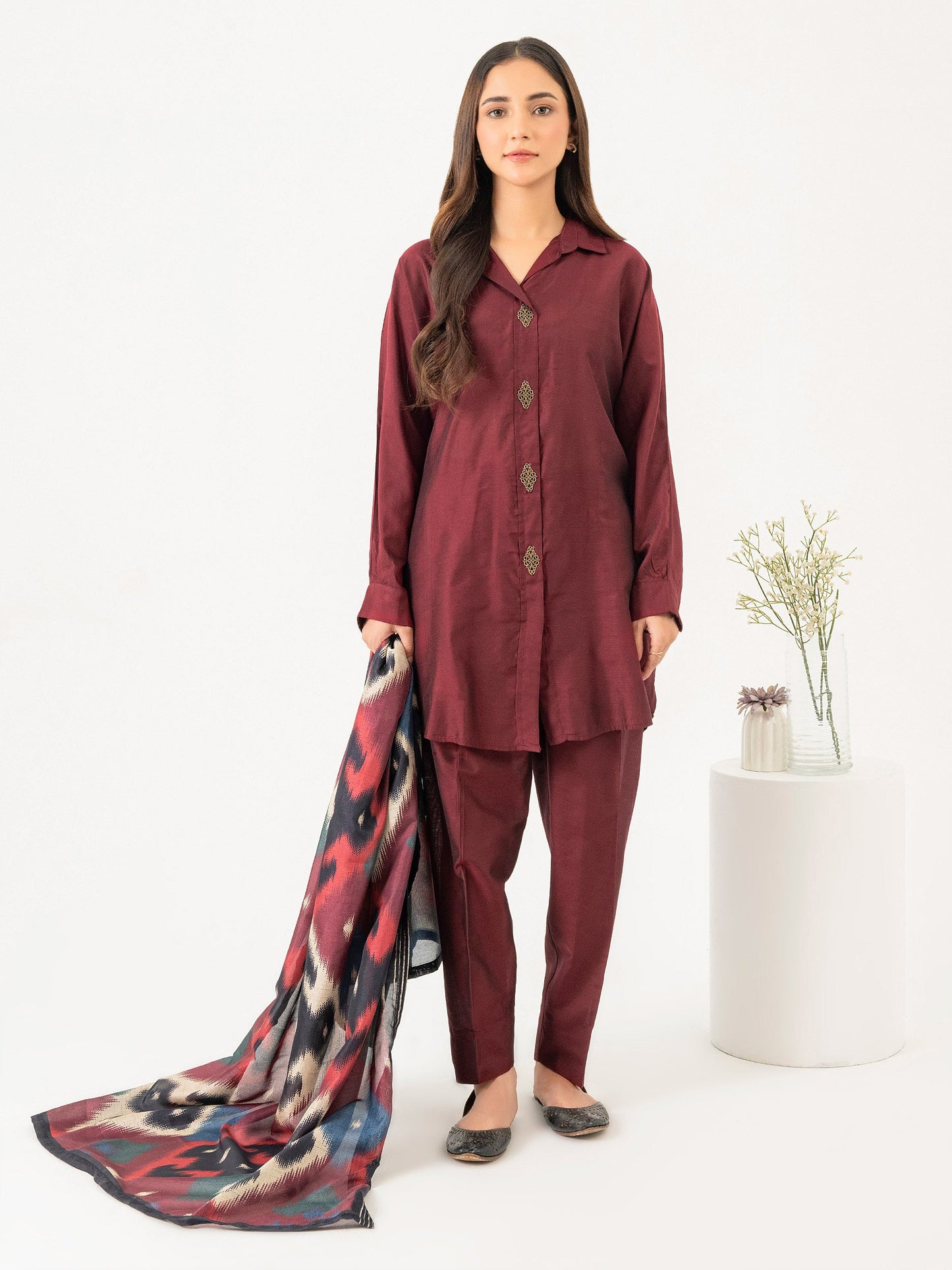 3 Piece Raw Silk Suit-Embroidered(Pret)
