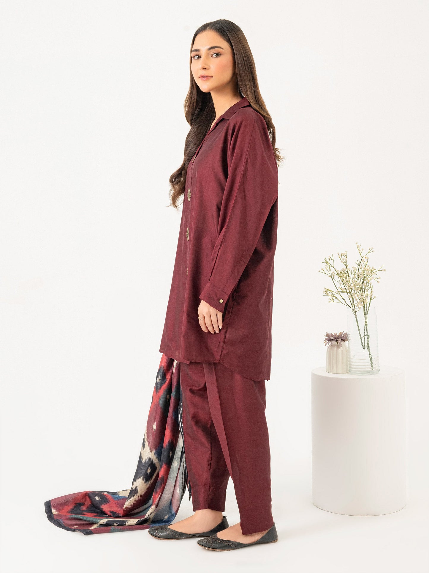 3 Piece Raw Silk Suit-Embroidered(Pret)