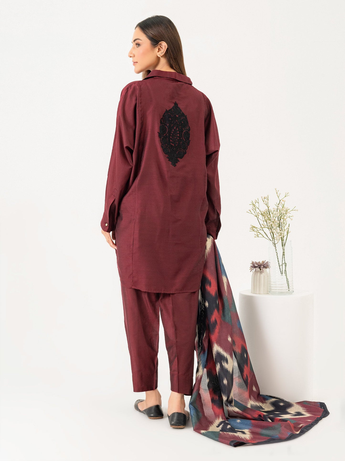 3 Piece Raw Silk Suit-Embroidered(Pret)