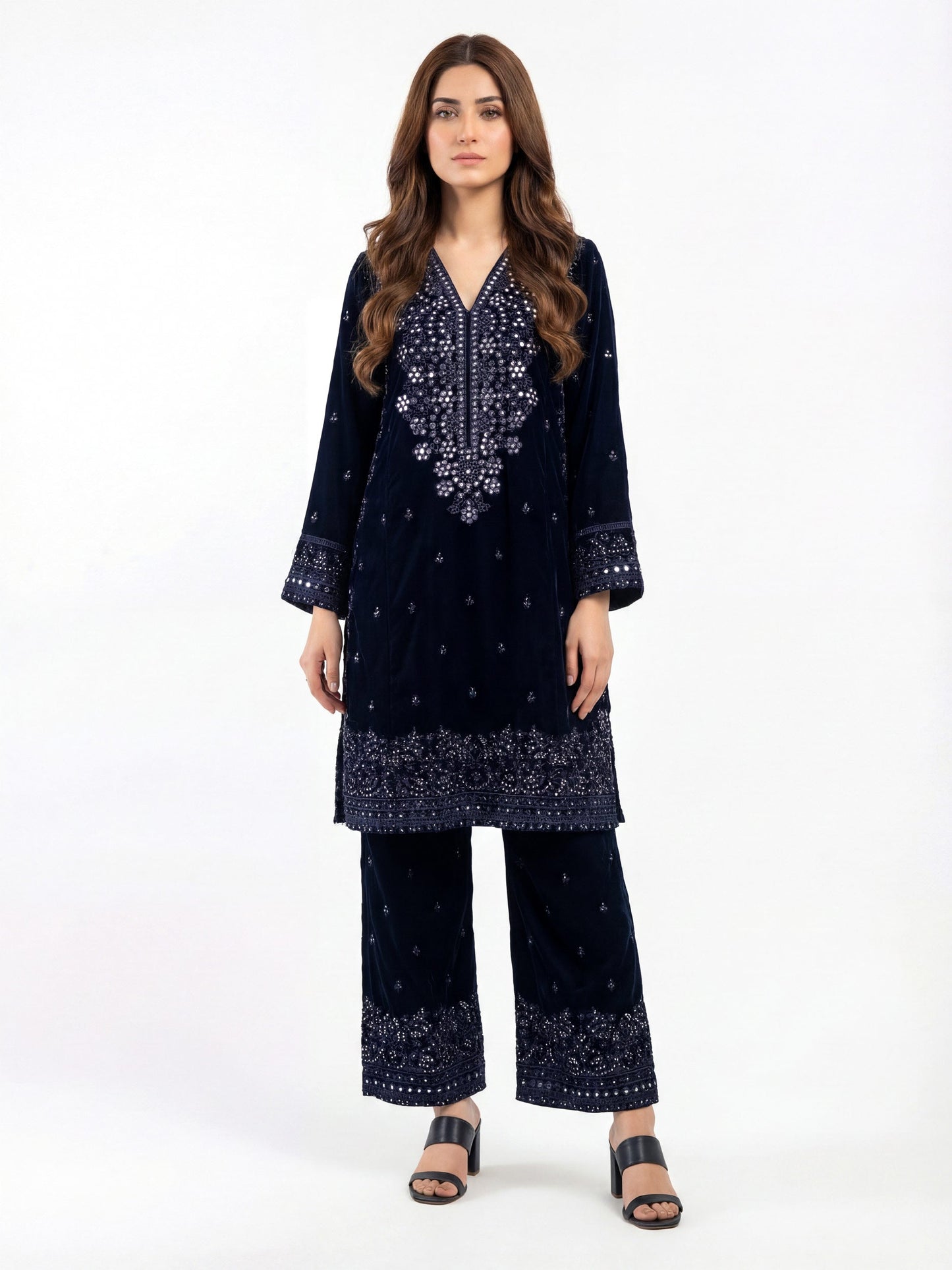 2 Piece Velvet Suit- Embroidered (Pret)