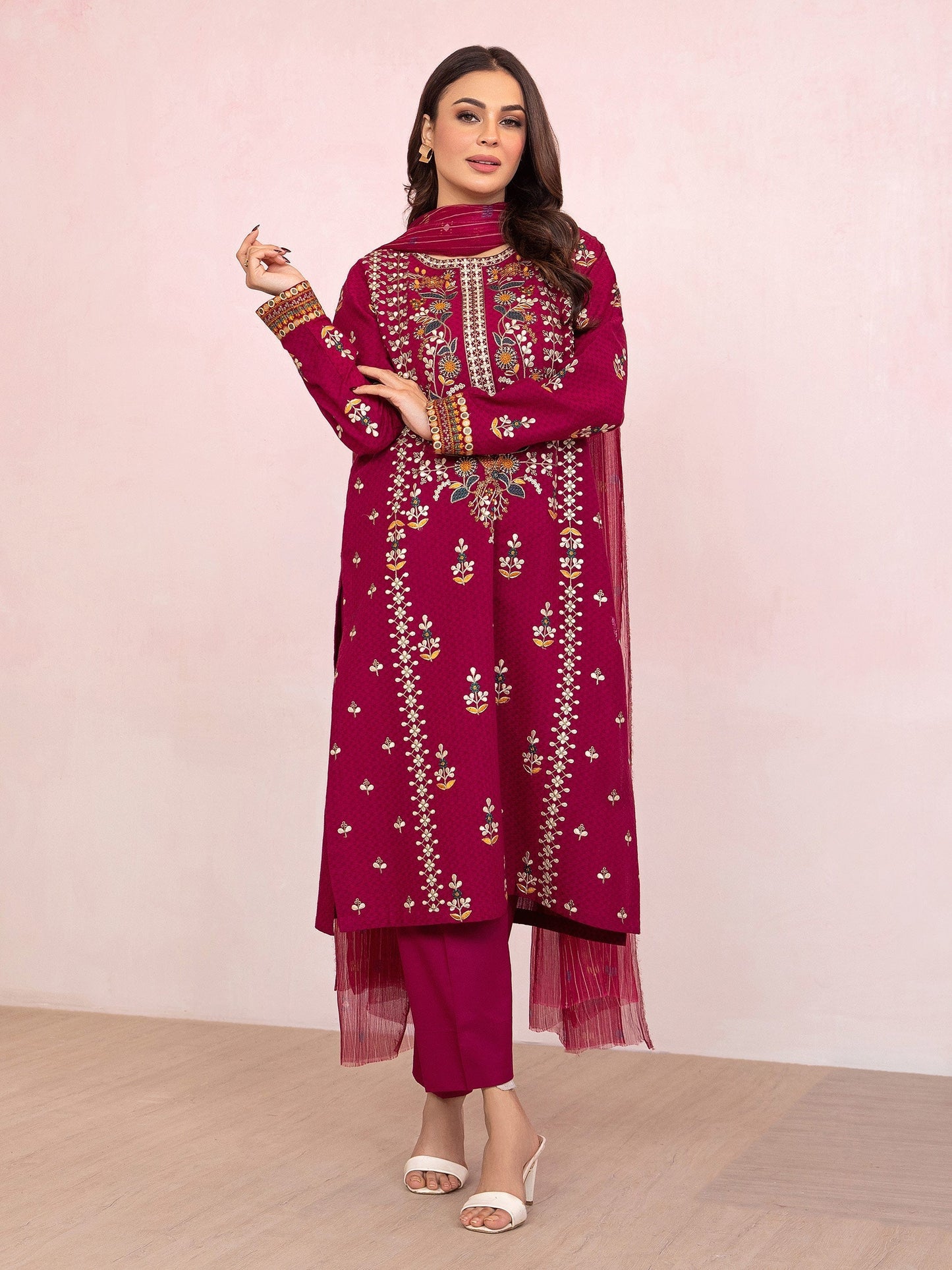 3 Piece Jacquard Suit-Embroidered (Pret)