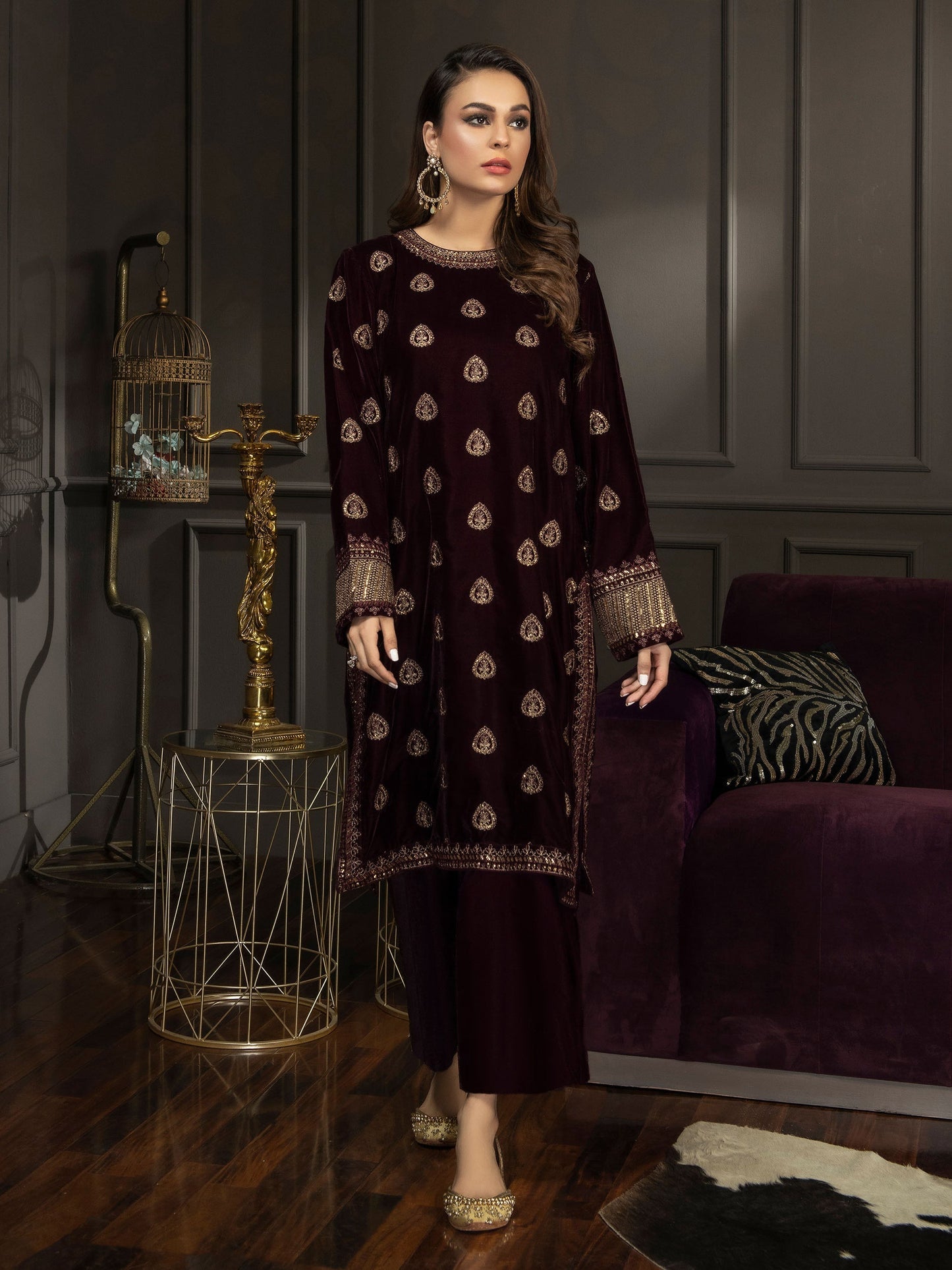 2 Piece Velvet Suit-Embroidered (Pret)