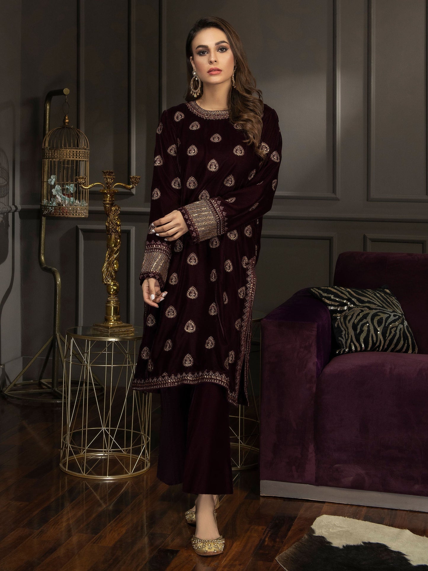 2 Piece Velvet Suit-Embroidered (Pret)