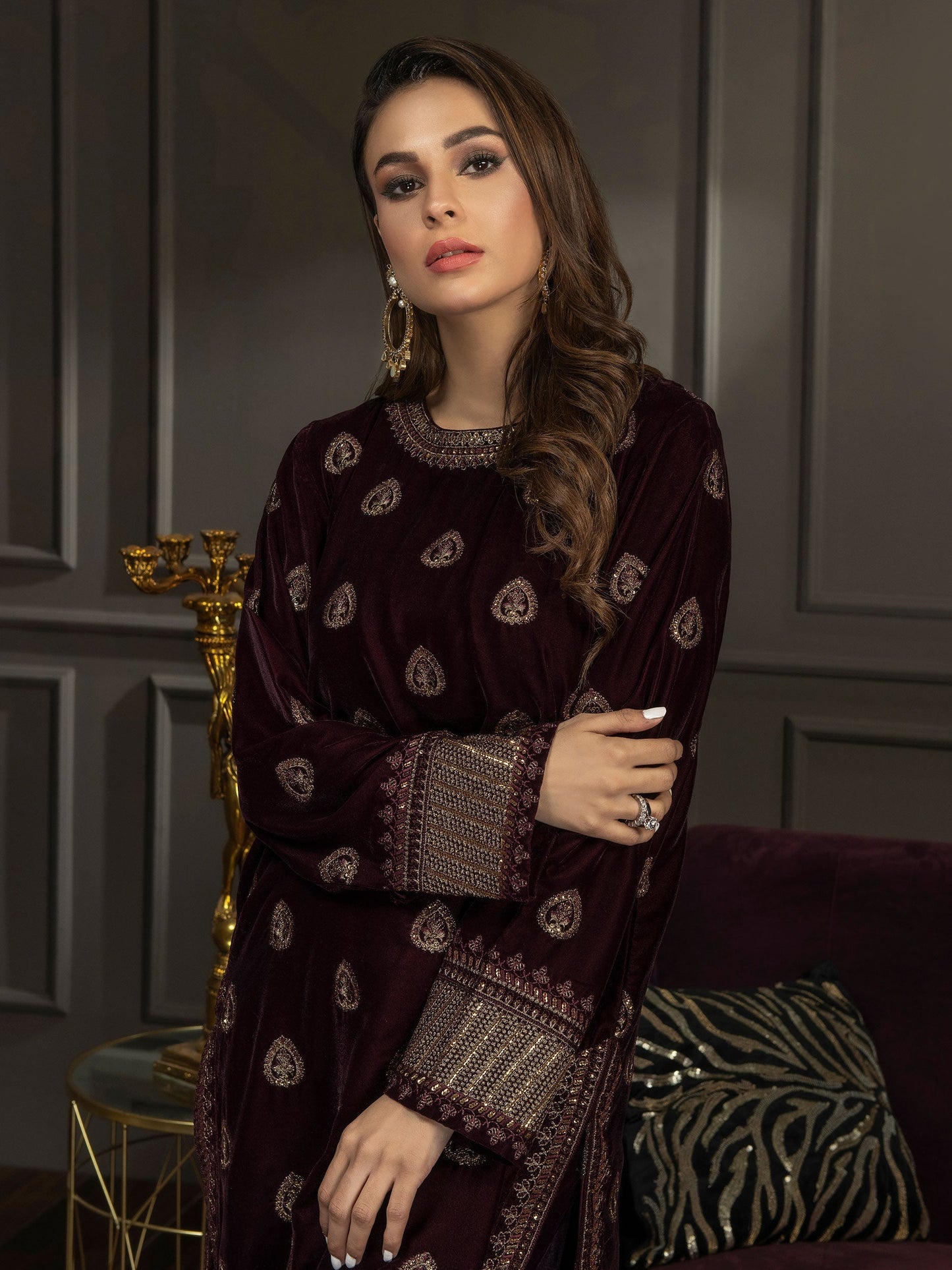 2 Piece Velvet Suit-Embroidered (Pret)
