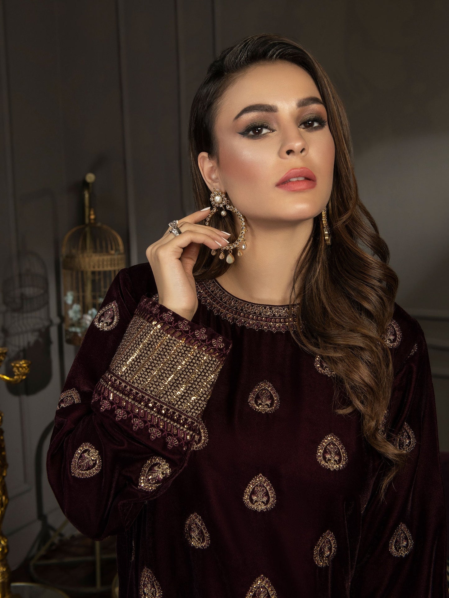 2 Piece Velvet Suit-Embroidered (Pret)