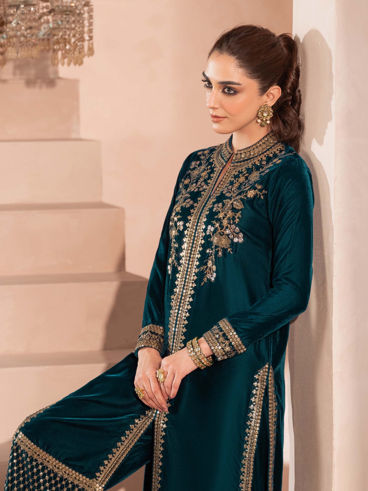 2 Piece Velvet Suit-Embroidered (Pret)