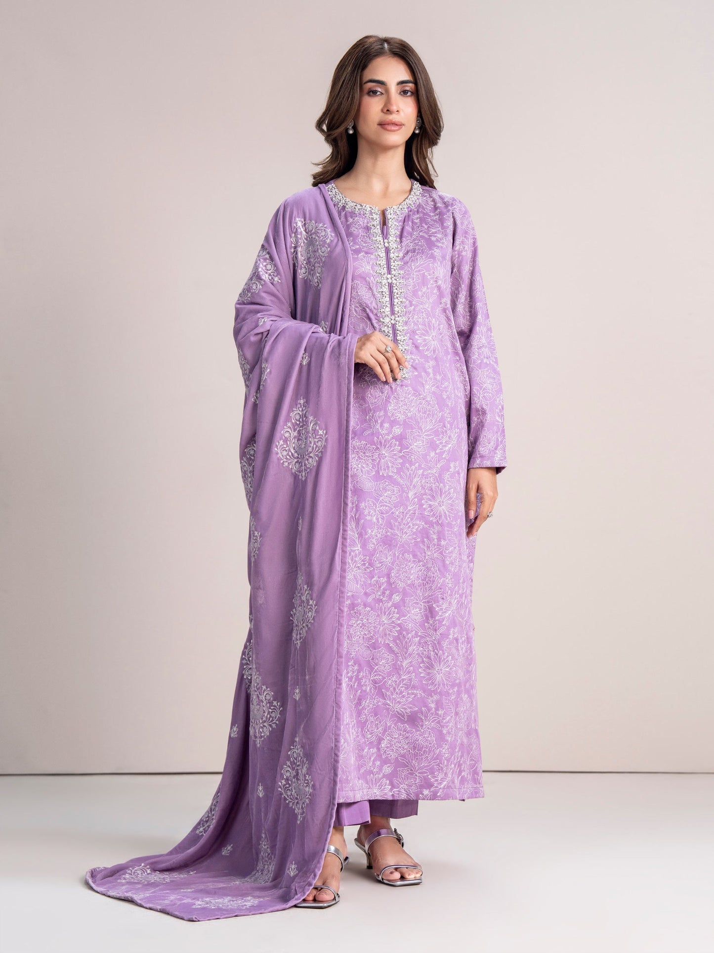 3 Piece Satin Suit- Embroidered (Pret)