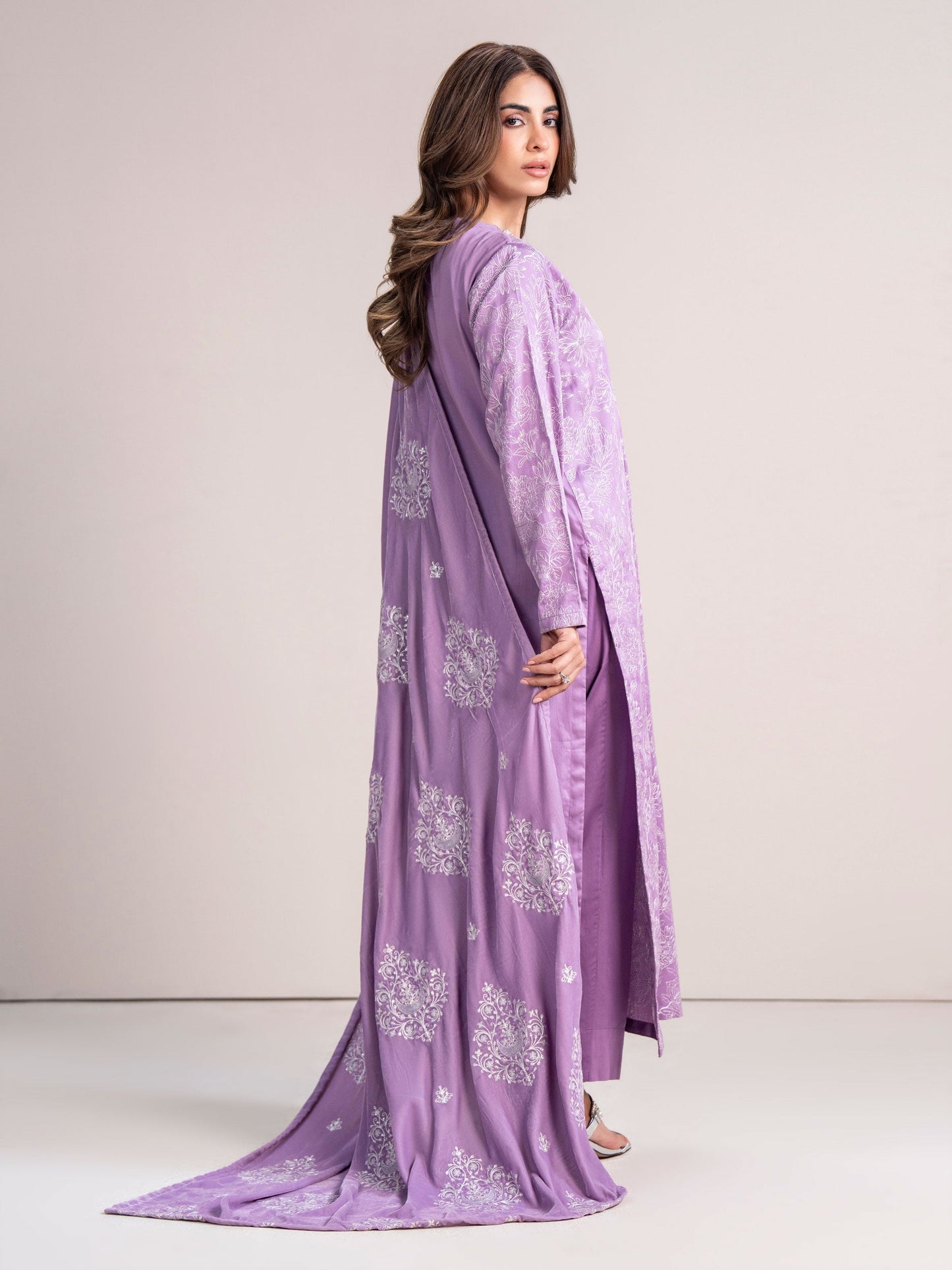 3 Piece Satin Suit- Embroidered (Pret)