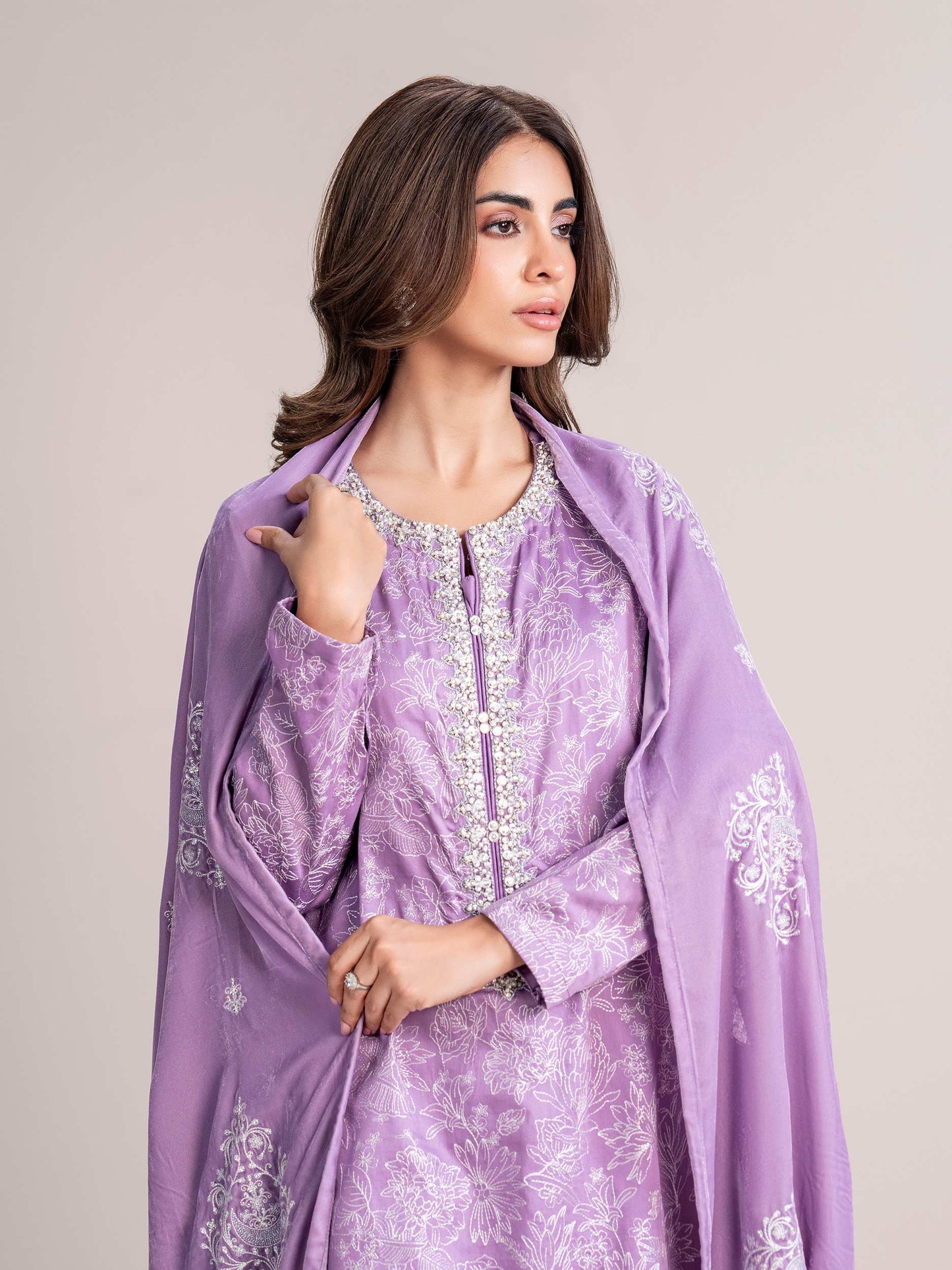 3 Piece Satin Suit- Embroidered (Pret)