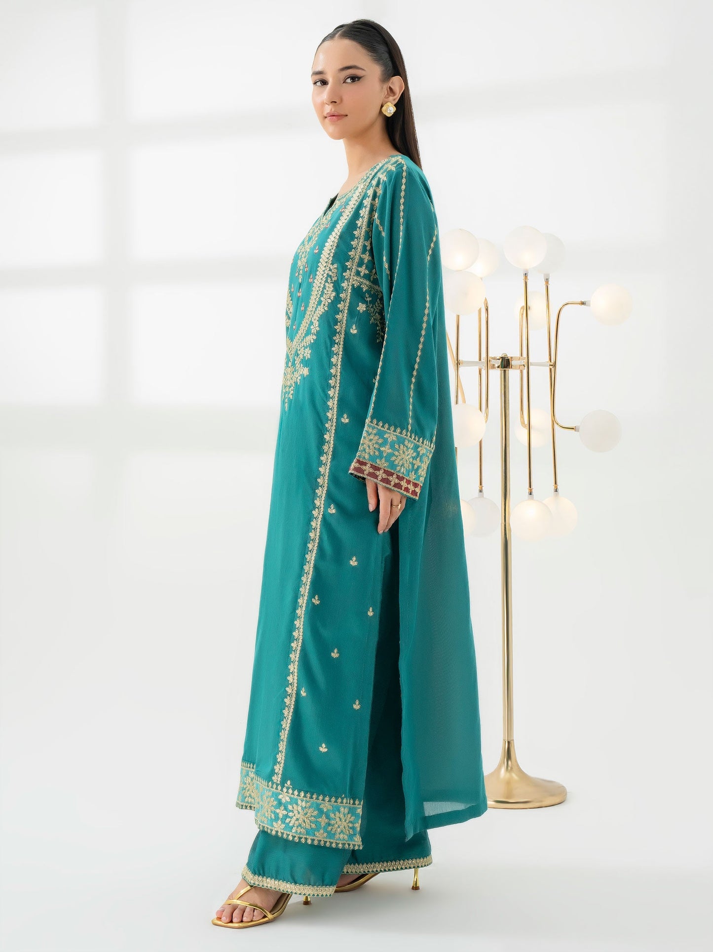 3 Piece Raw Silk Suit-Embroidered (Pret) SHAWL MISSING