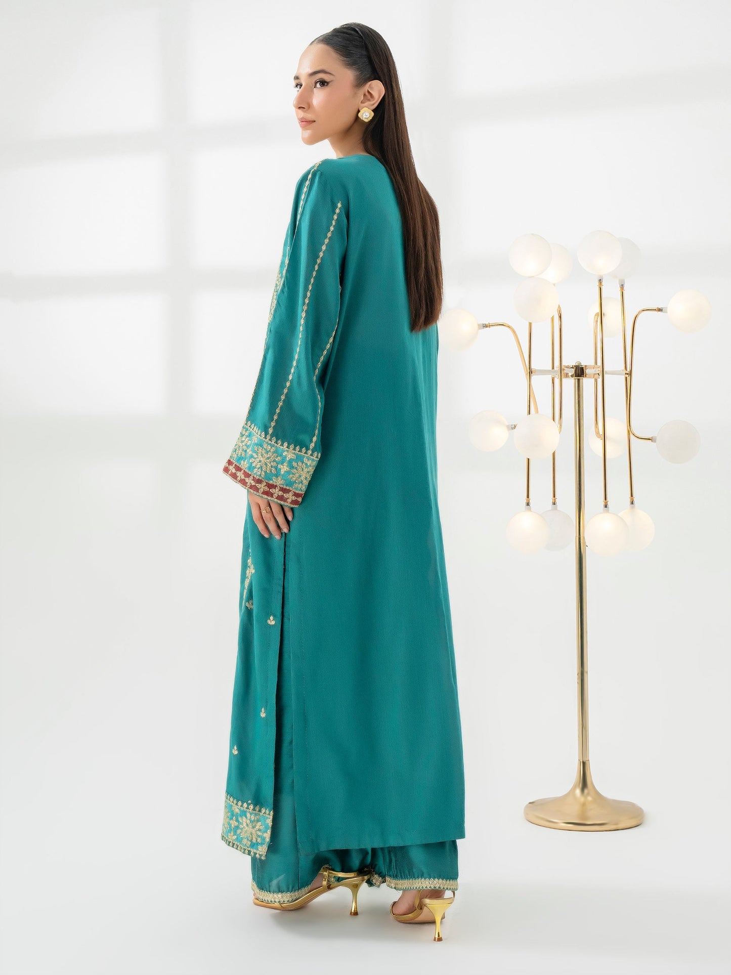 3 Piece Raw Silk Suit-Embroidered (Pret) SHAWL MISSING