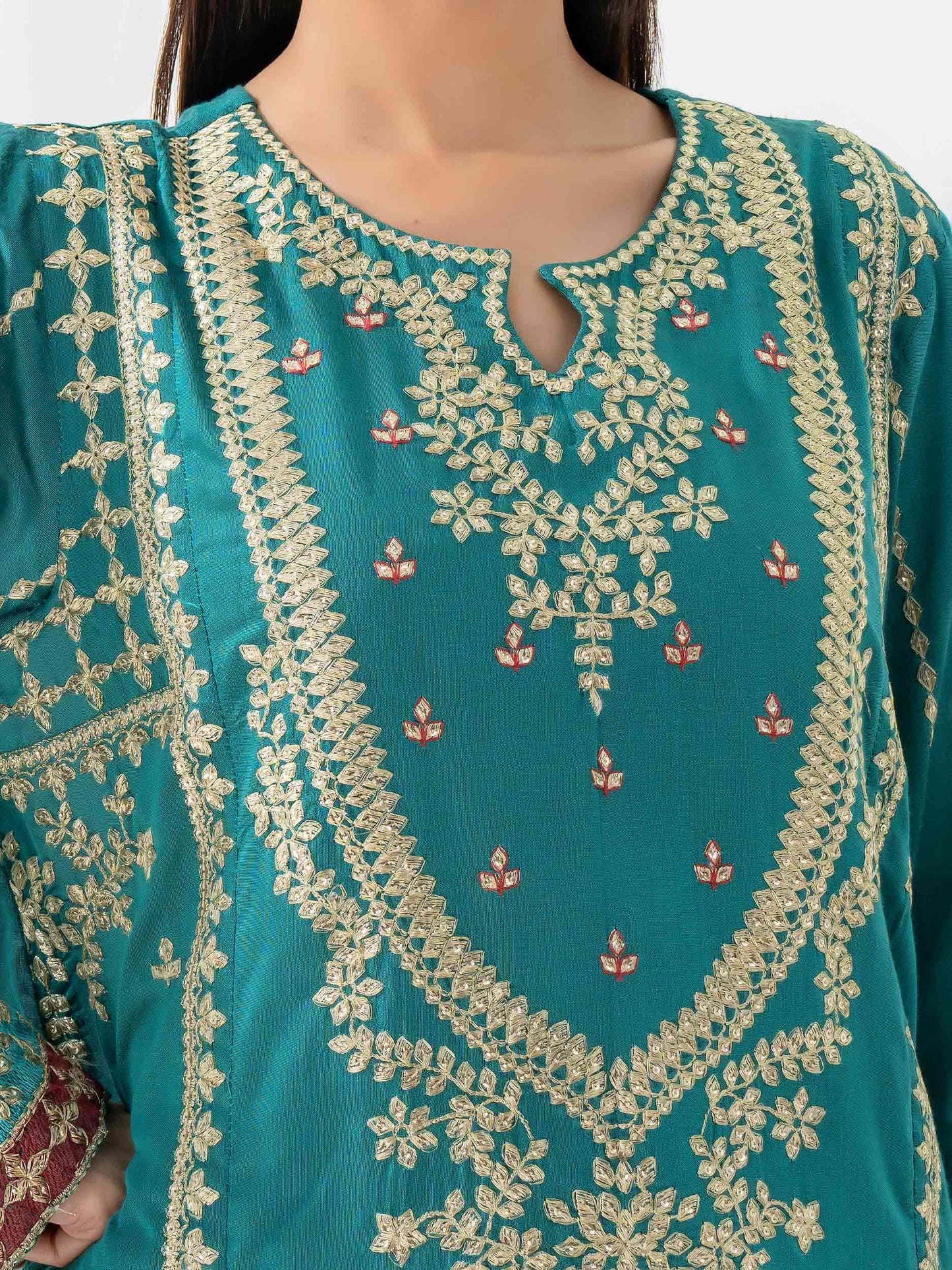 3 Piece Raw Silk Suit-Embroidered (Pret) SHAWL MISSING