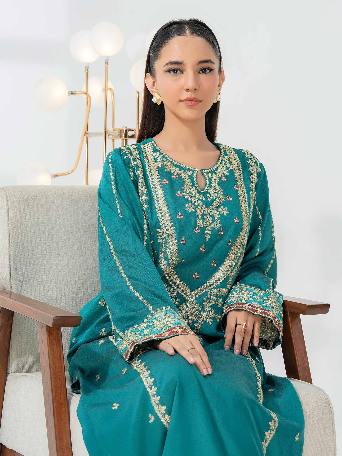 3 Piece Raw Silk Suit-Embroidered (Pret) SHAWL MISSING