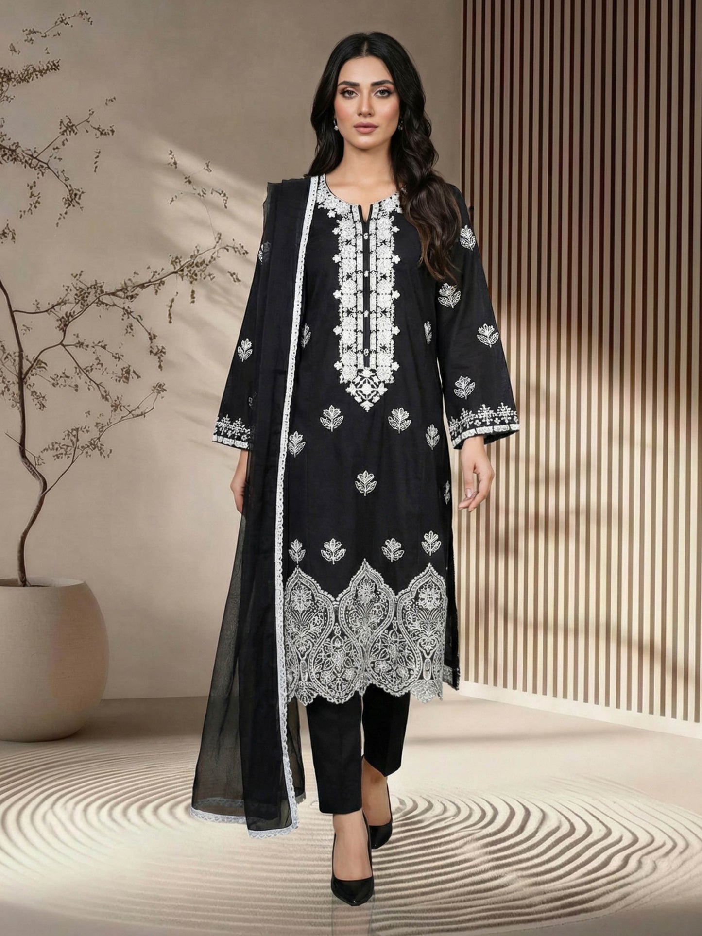 3 Piece Lawn Slub Suit- Embroidered (Pret)