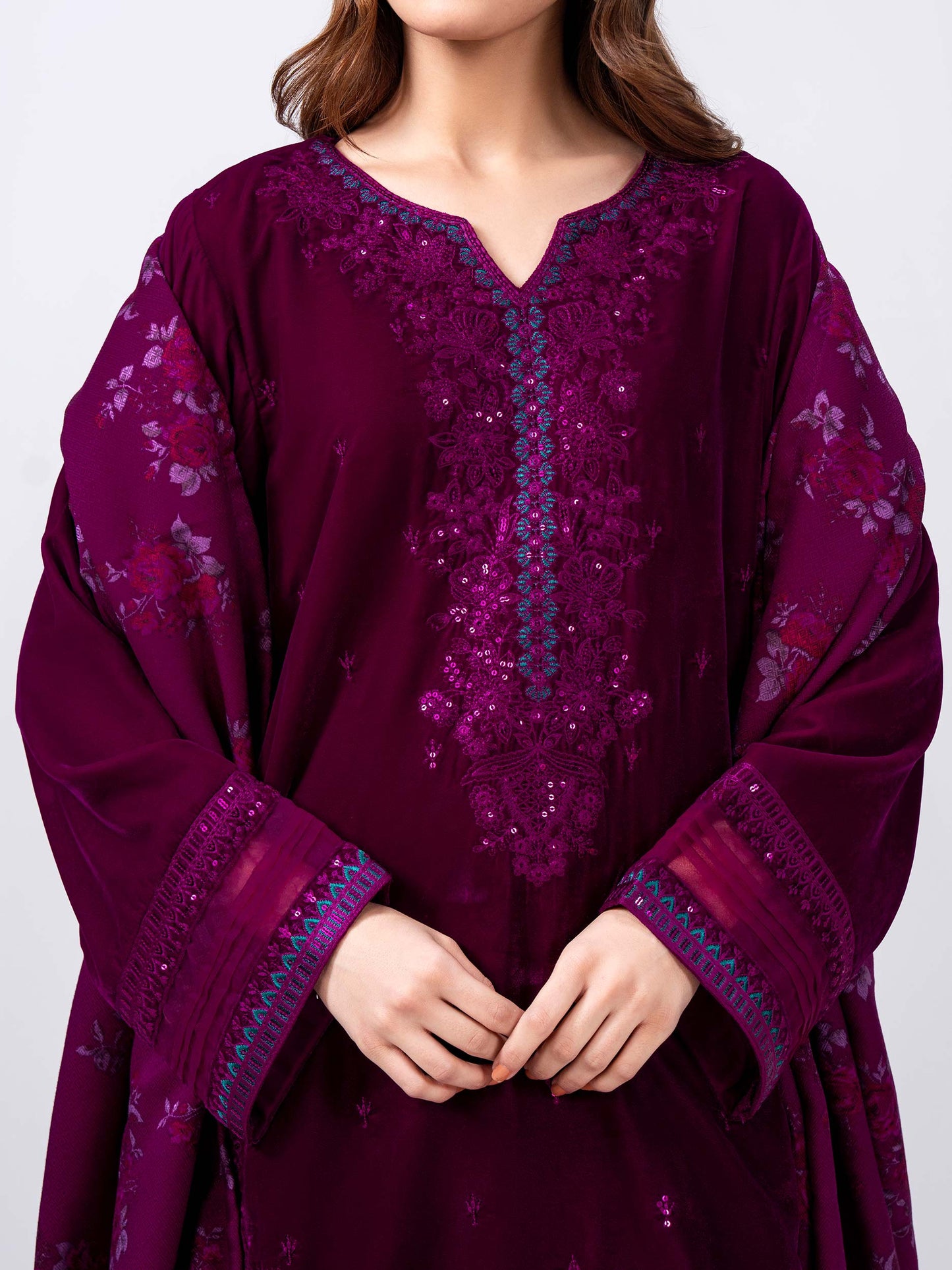 3 Piece Velvet Suit- Embroidered (Pret)