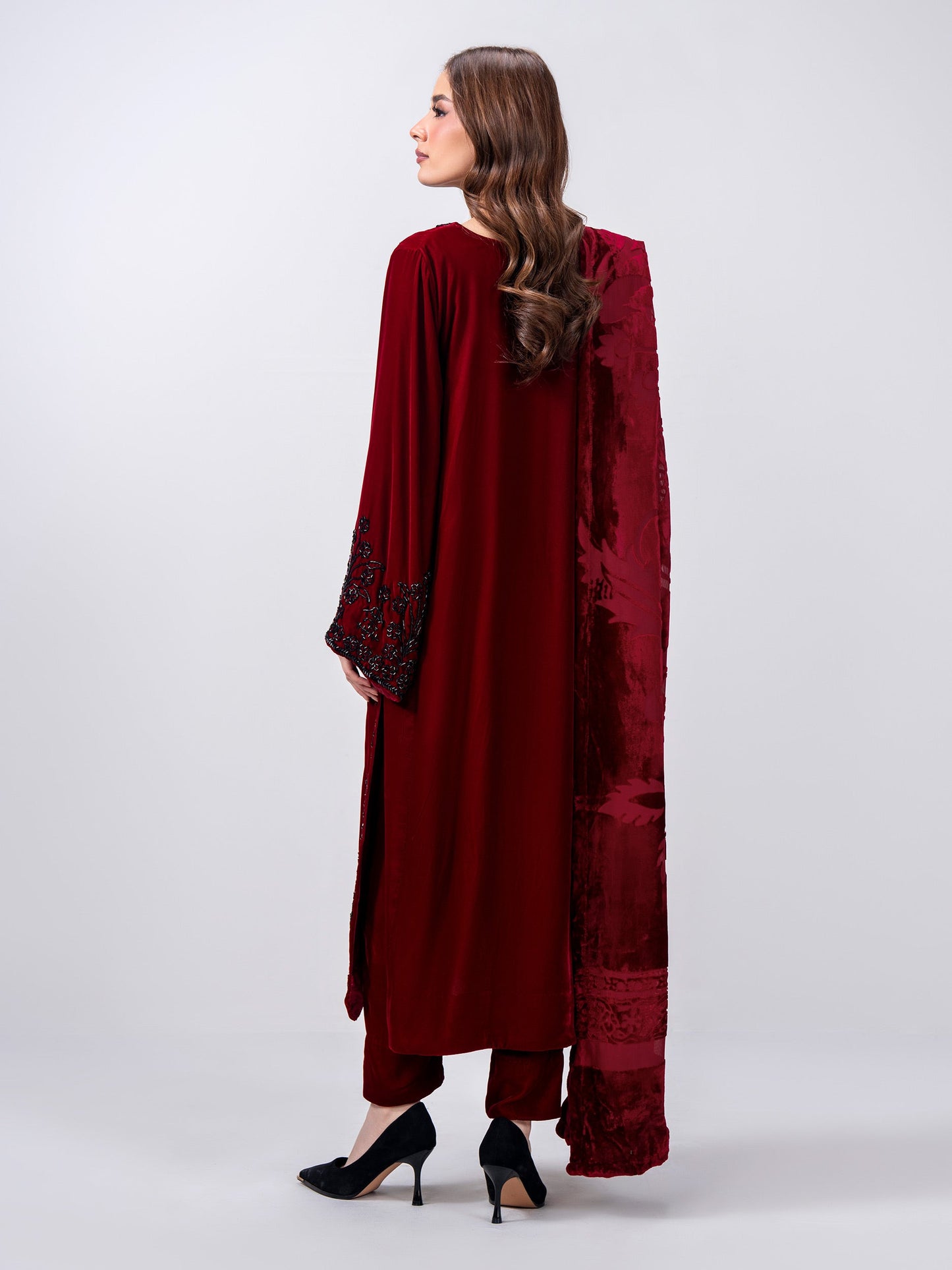 3 Piece Velvet Suit- Embroidered (Pret)