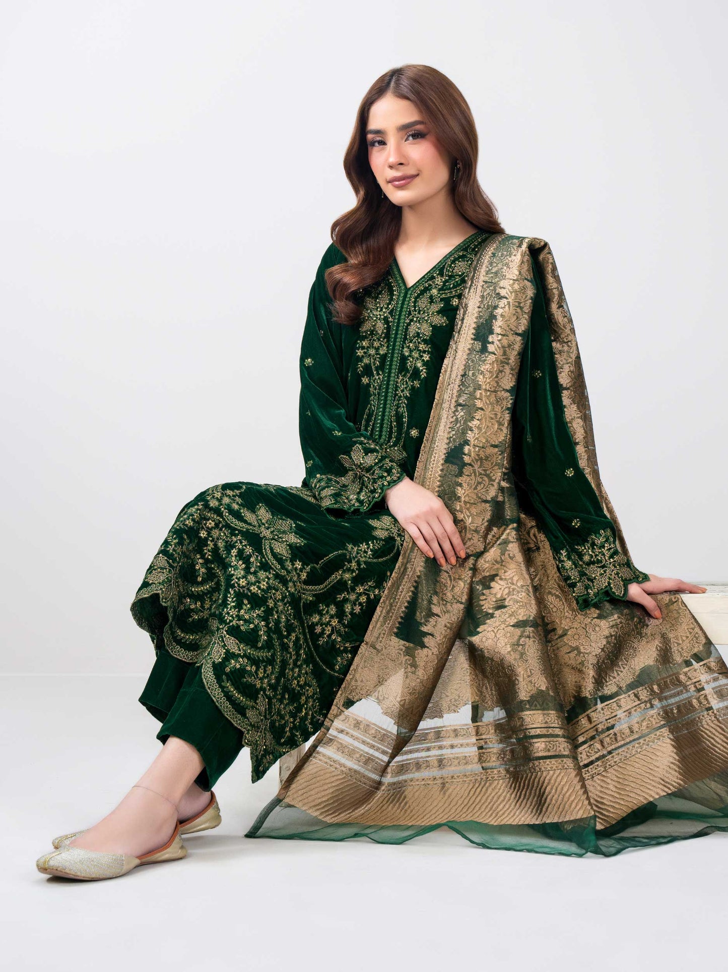 3 Piece Velvet Suit- Embroidered (Pret)