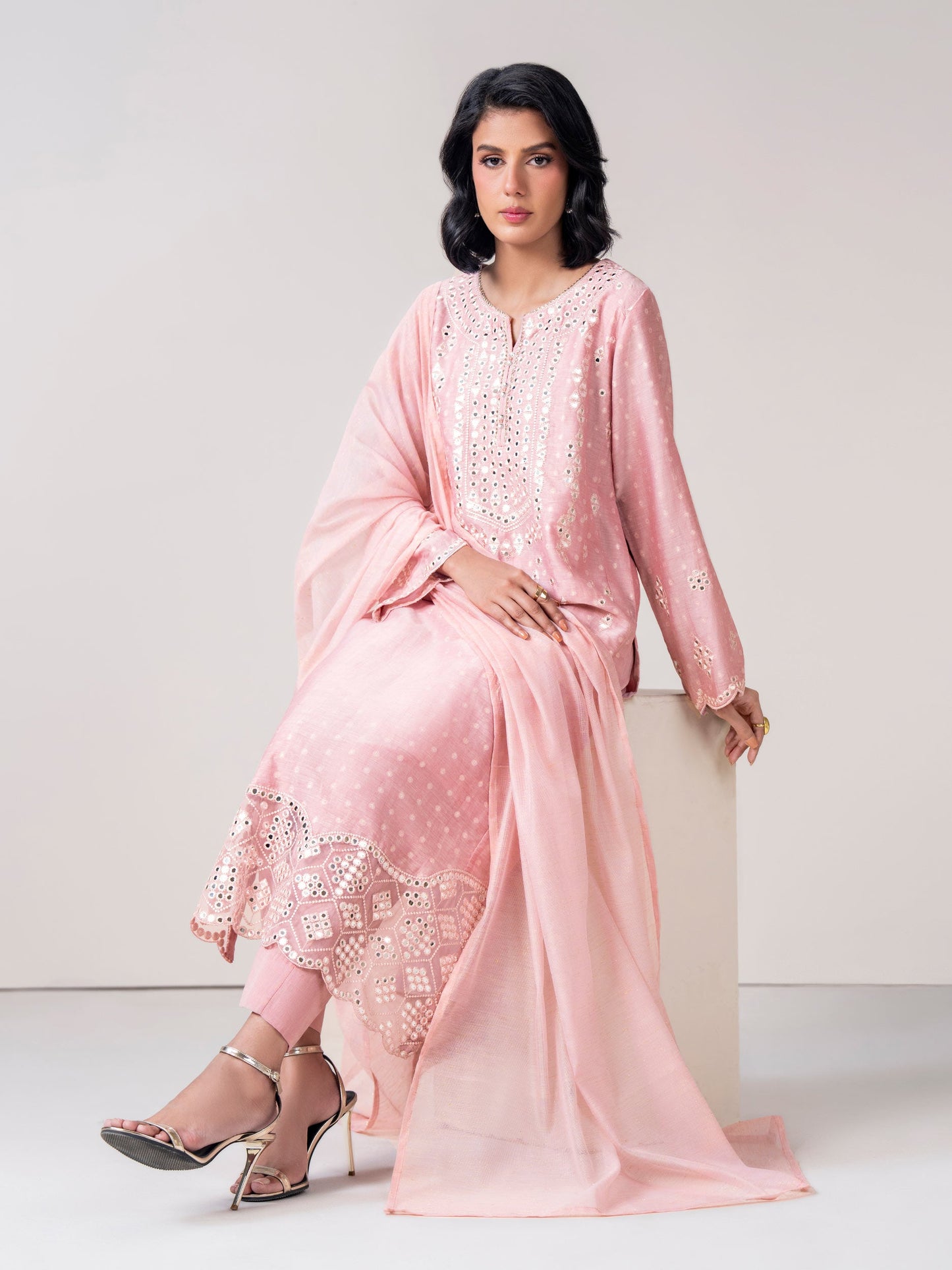 3 Piece Jacquard Suit- Embroidered (Pret)