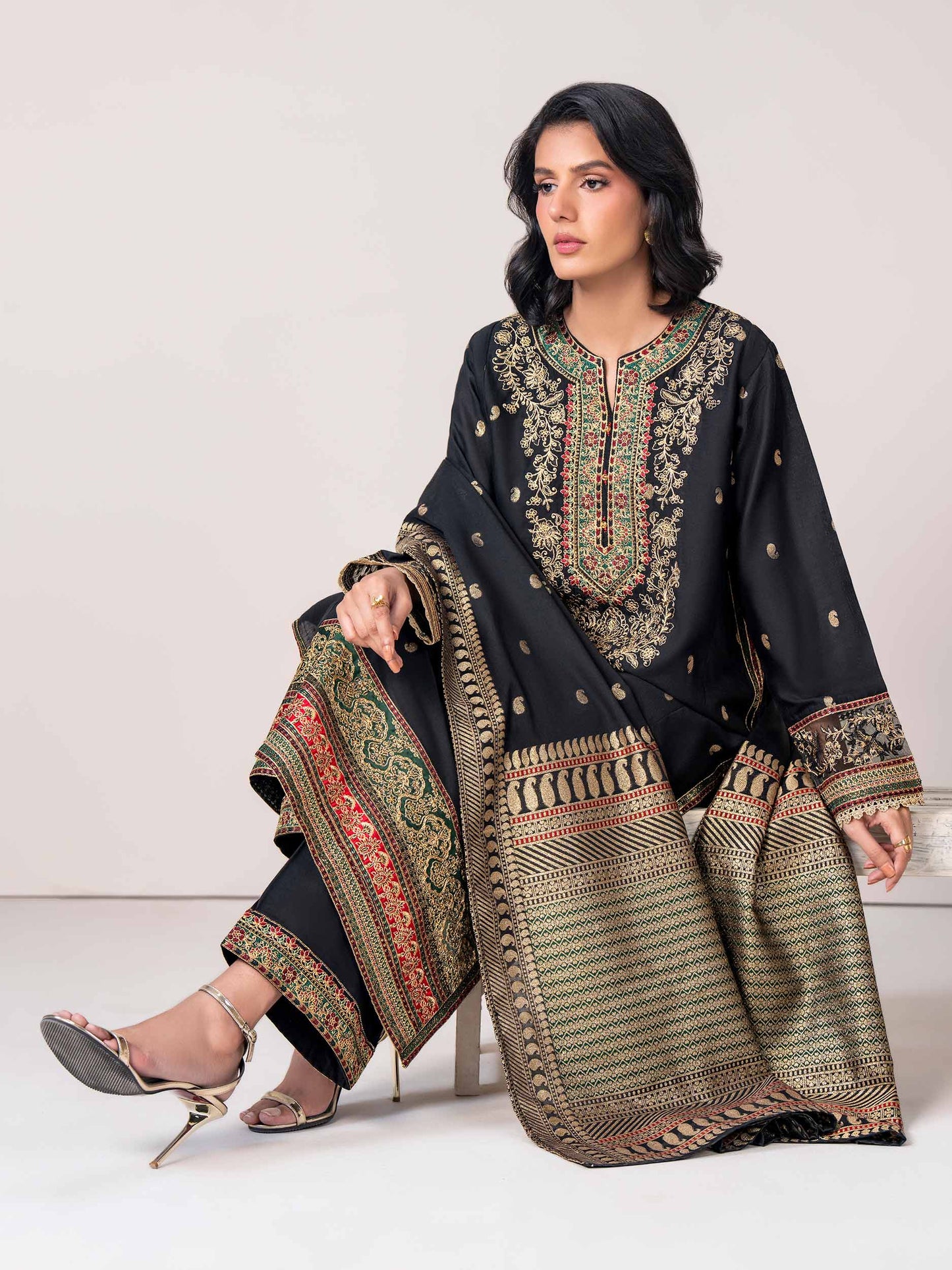 3 Piece Jacquard Suit- Embroidered (Pret)