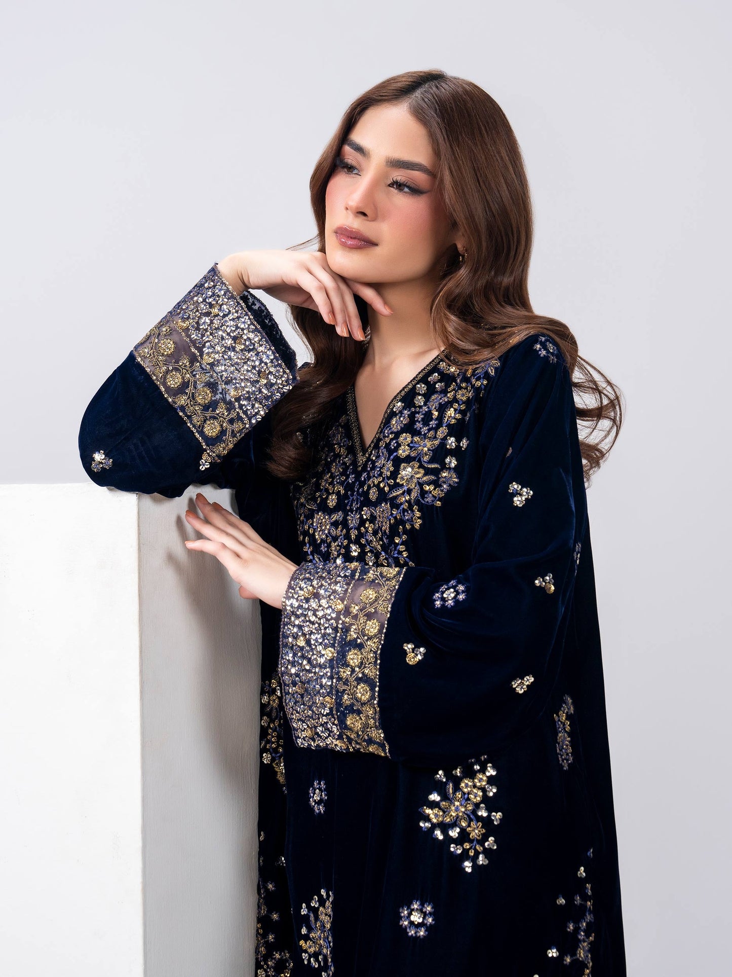 2 Piece Velvet Suit- Embroidered (Pret)