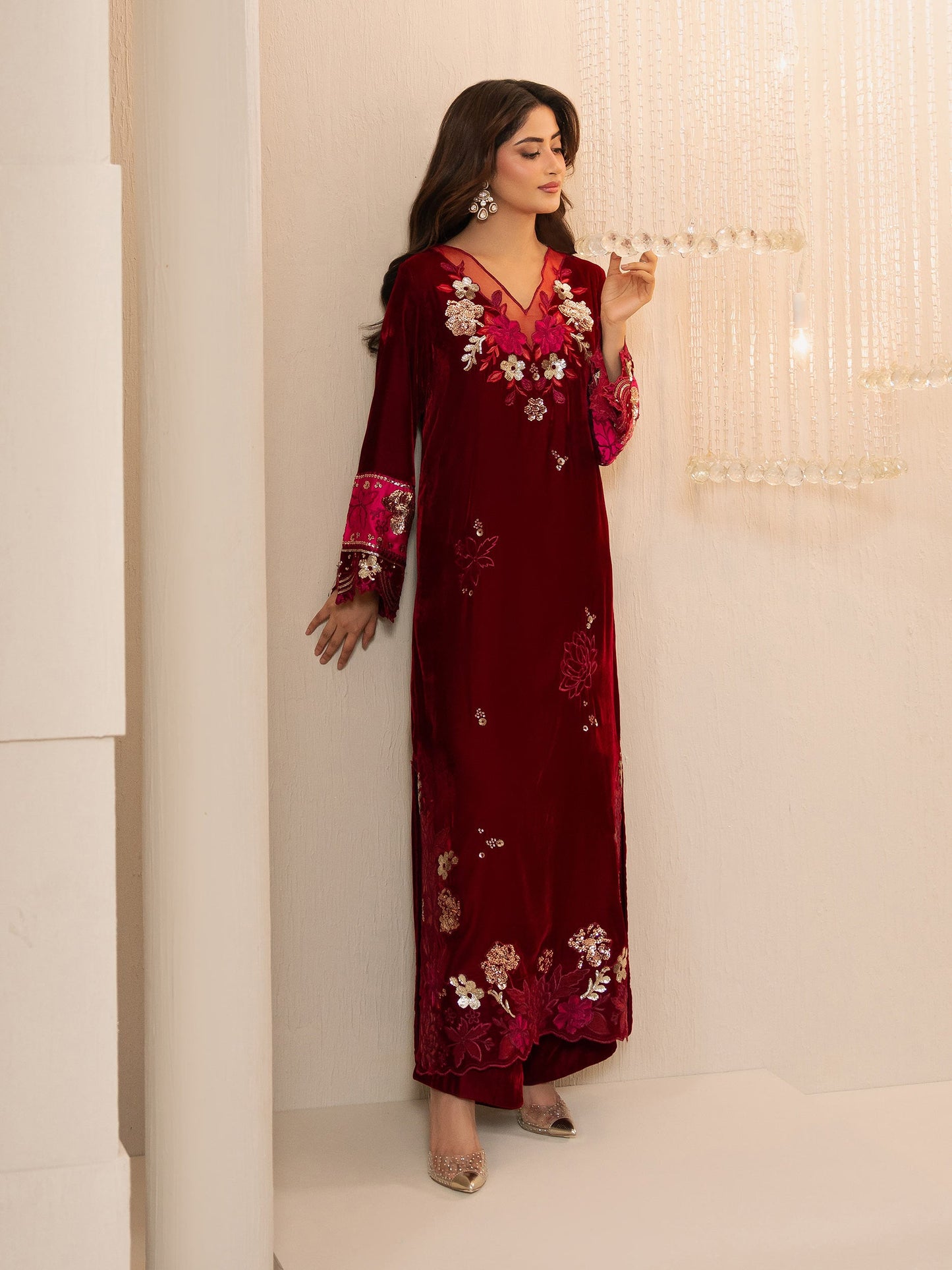 2 Piece Velvet Suit-Embroidered (Pret)