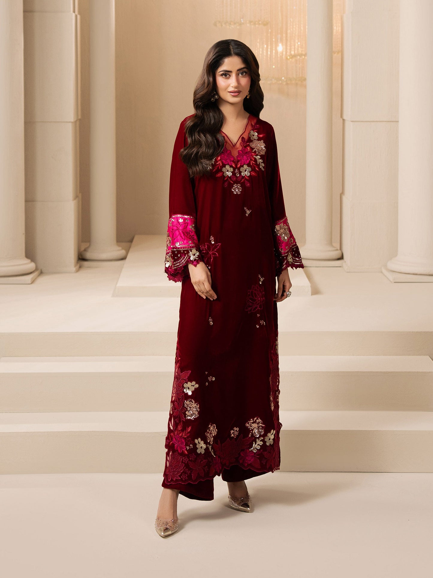 2 Piece Velvet Suit-Embroidered (Pret)