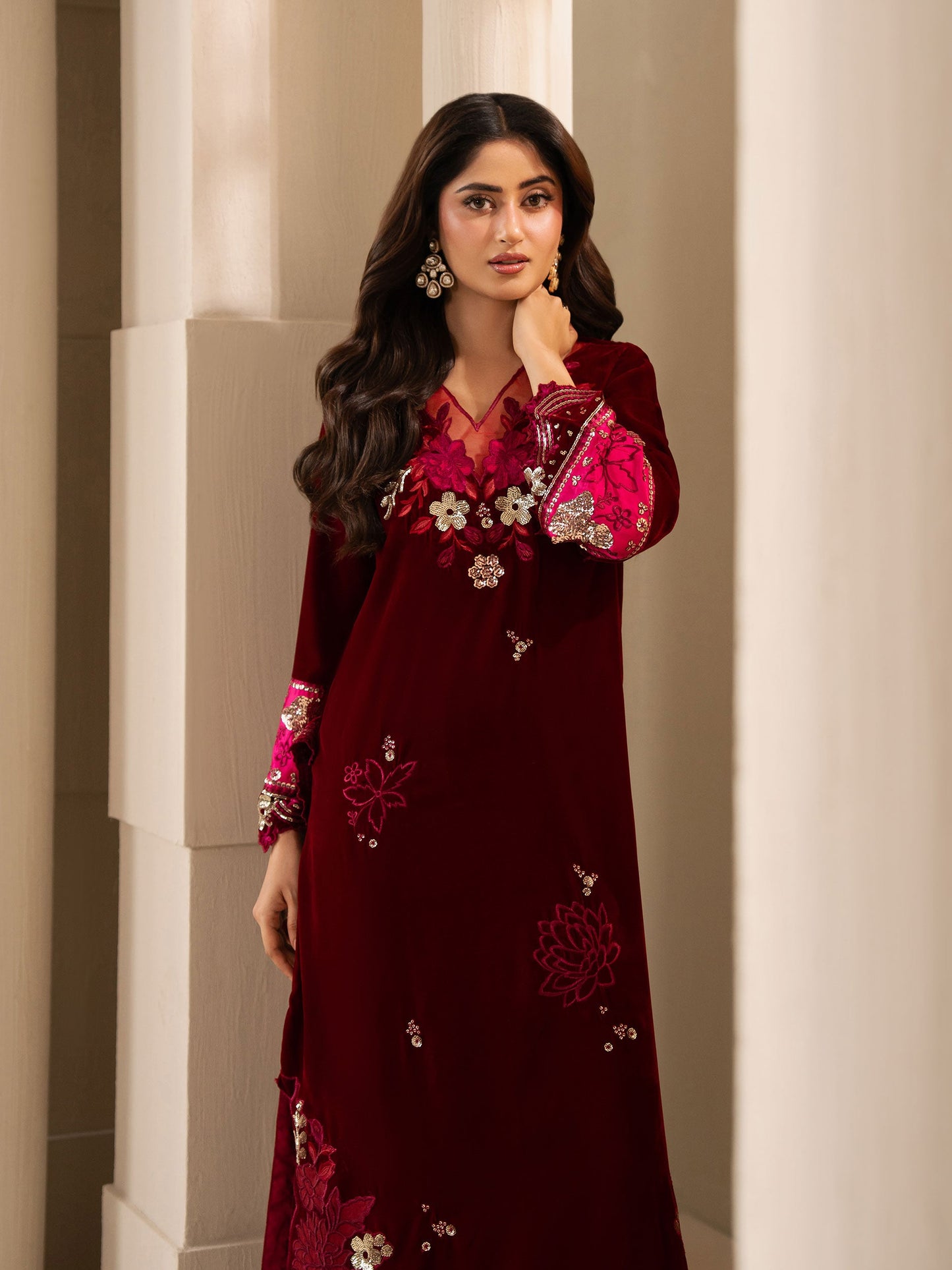 2 Piece Velvet Suit-Embroidered (Pret)