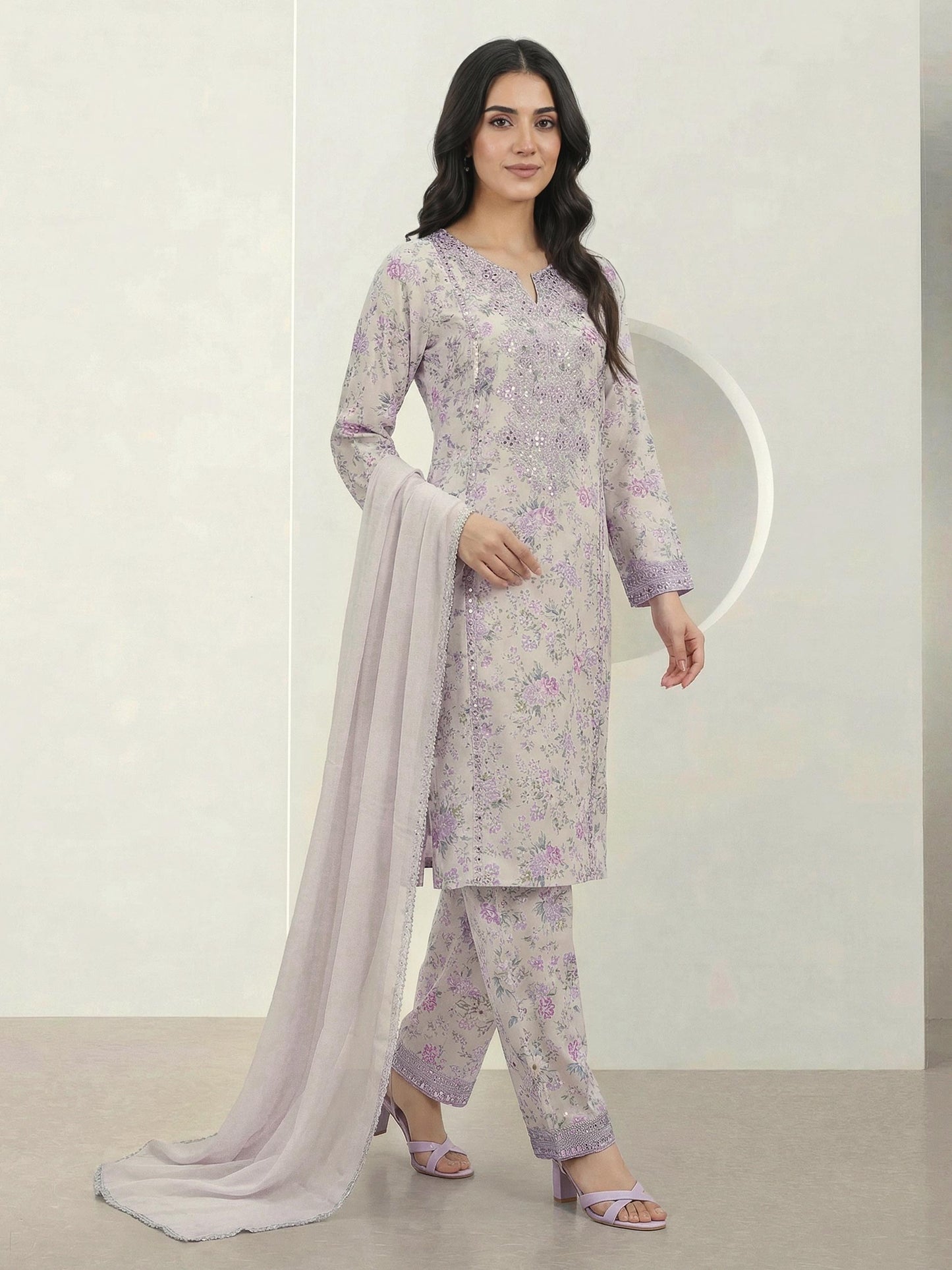3-Piece Satin Suit-Embroidered (Pret)