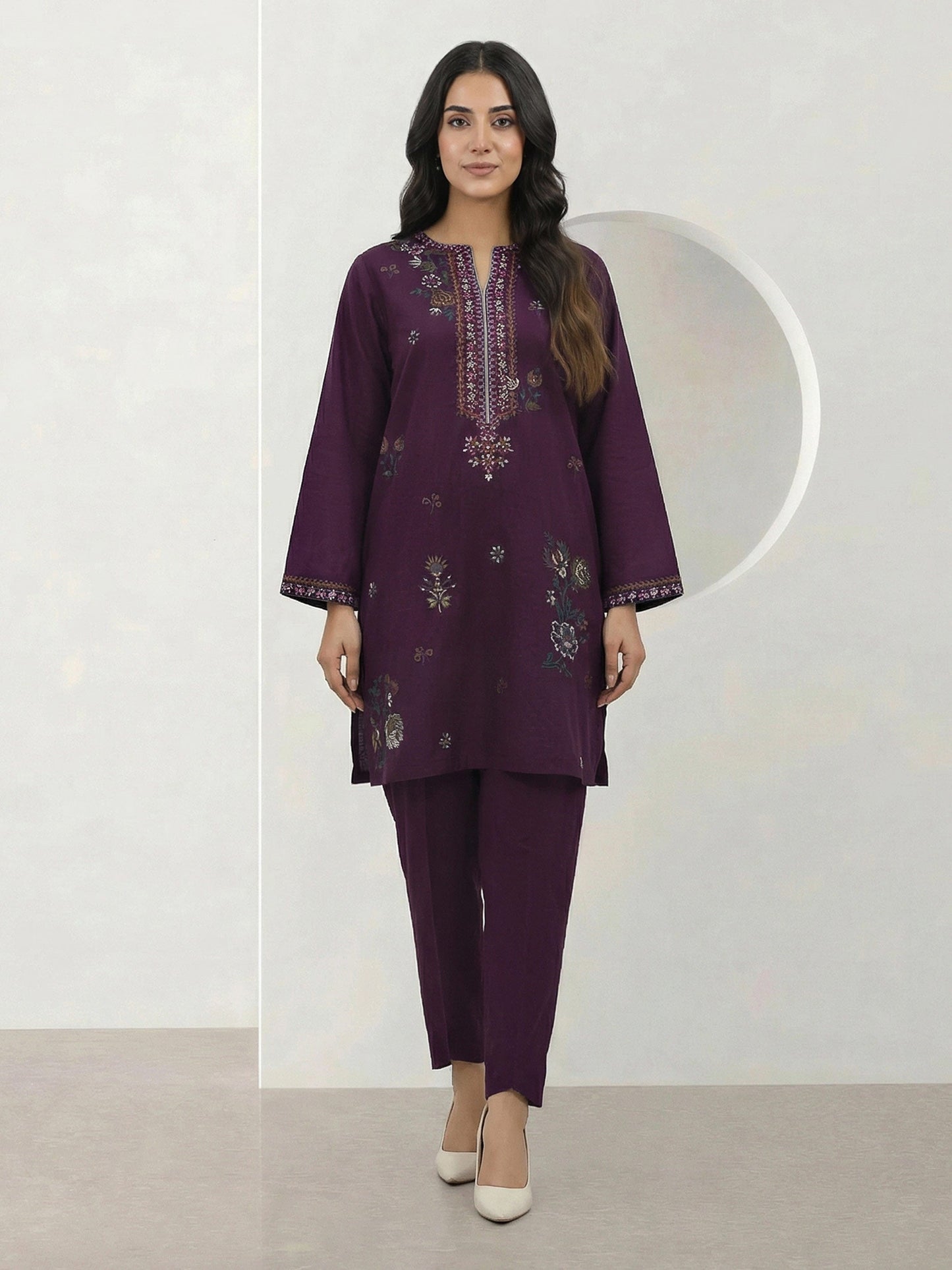 2 Piece Cambric Slub Suit- Embroidered (Pret)