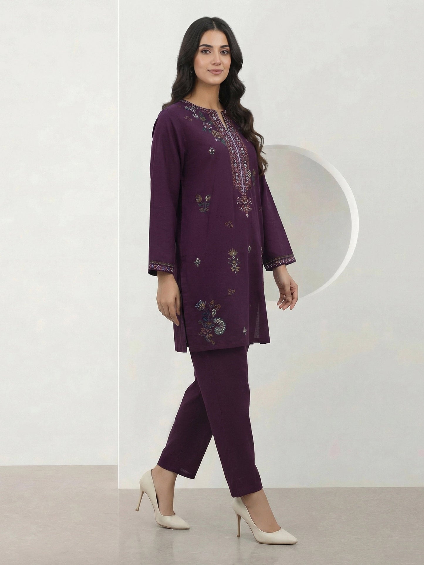 2 Piece Cambric Slub Suit- Embroidered (Pret)