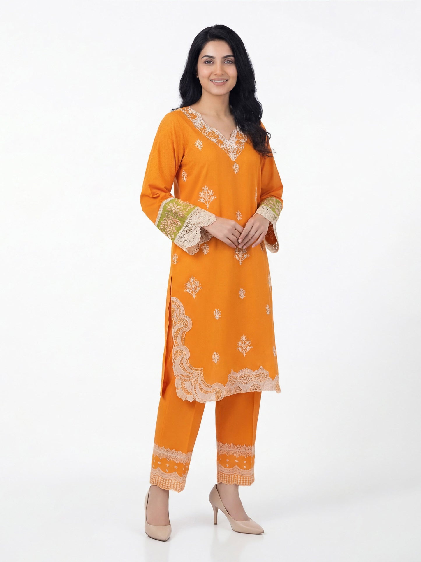 2 Piece Cambric Slub Suit- Embroidered (Pret)