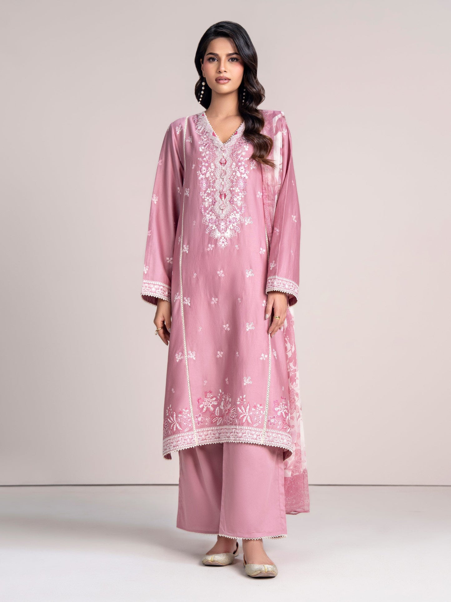 3-Piece Satin Suit- Embroidered (Pret)