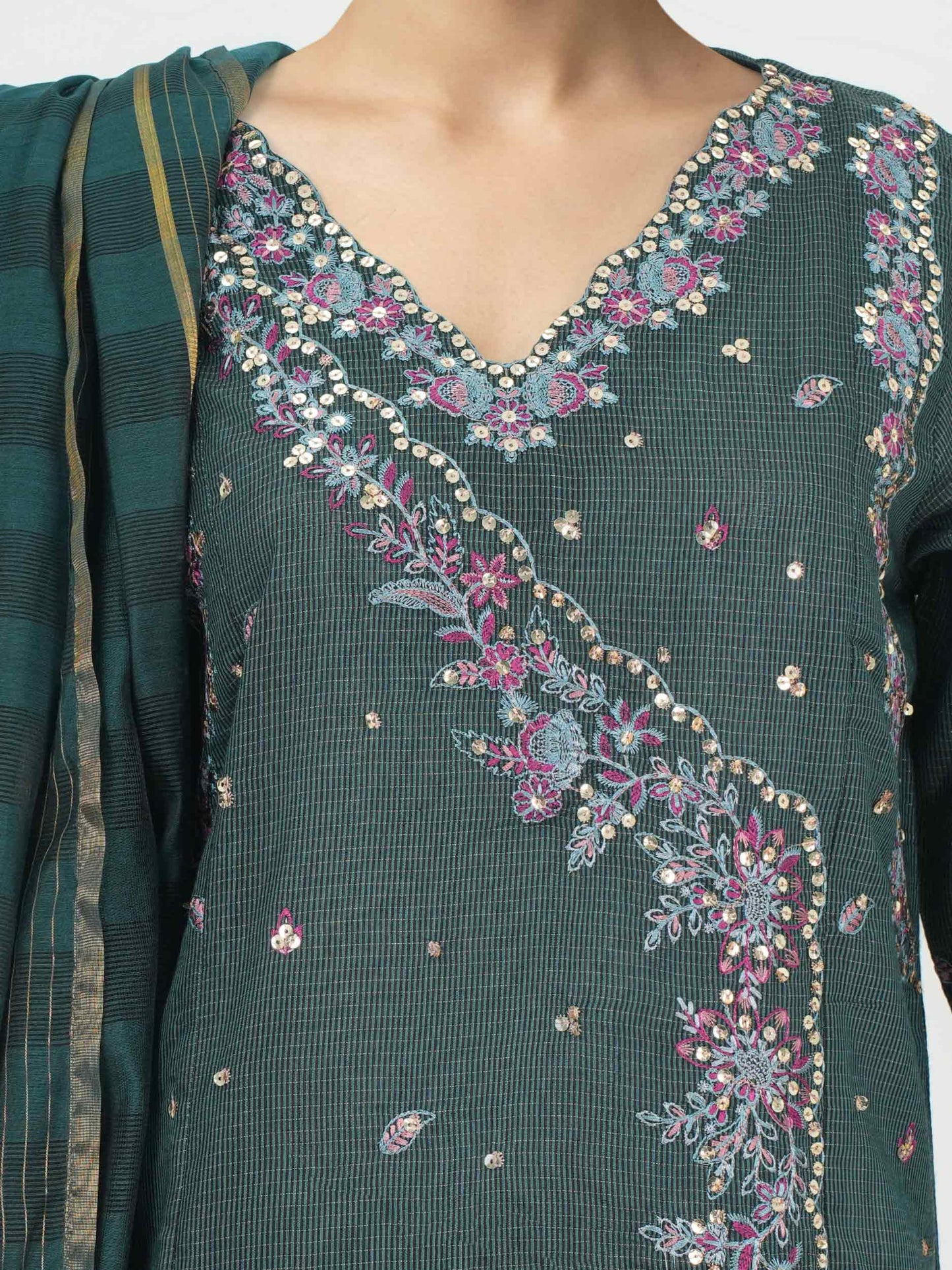3 Piece Raw Silk Suit- Embroidered (Pret)