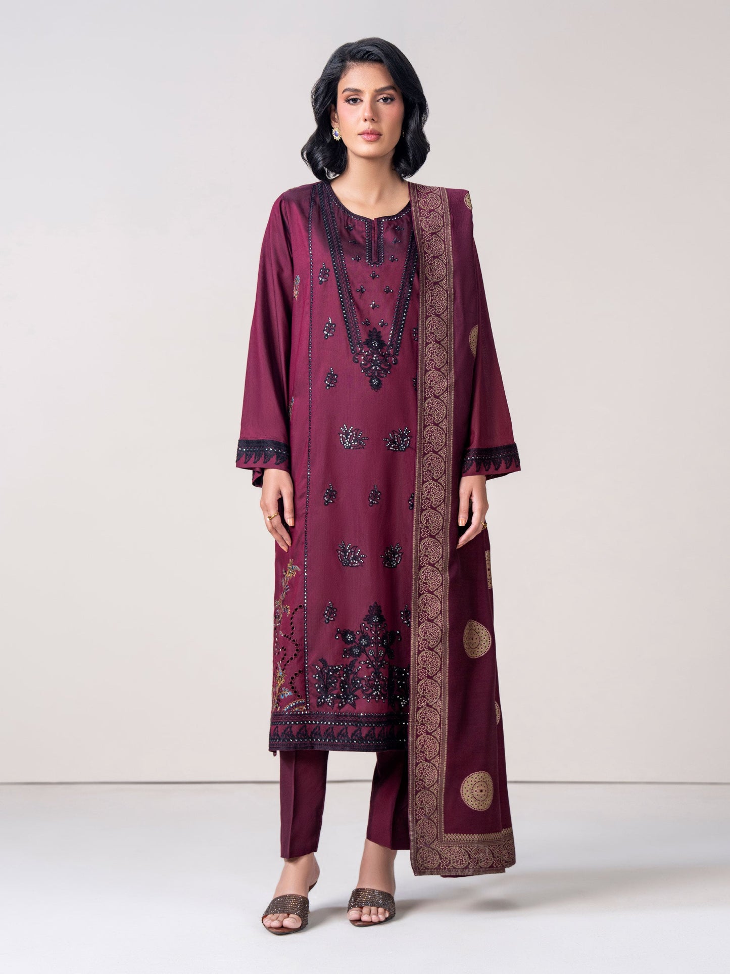 3 Piece Raw Silk Suit- Embroidered (Pret)