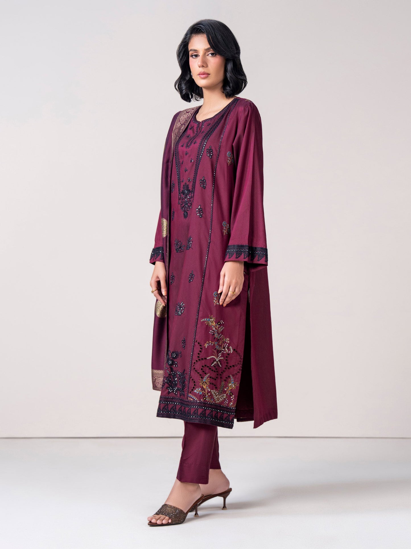 3 Piece Raw Silk Suit- Embroidered (Pret)