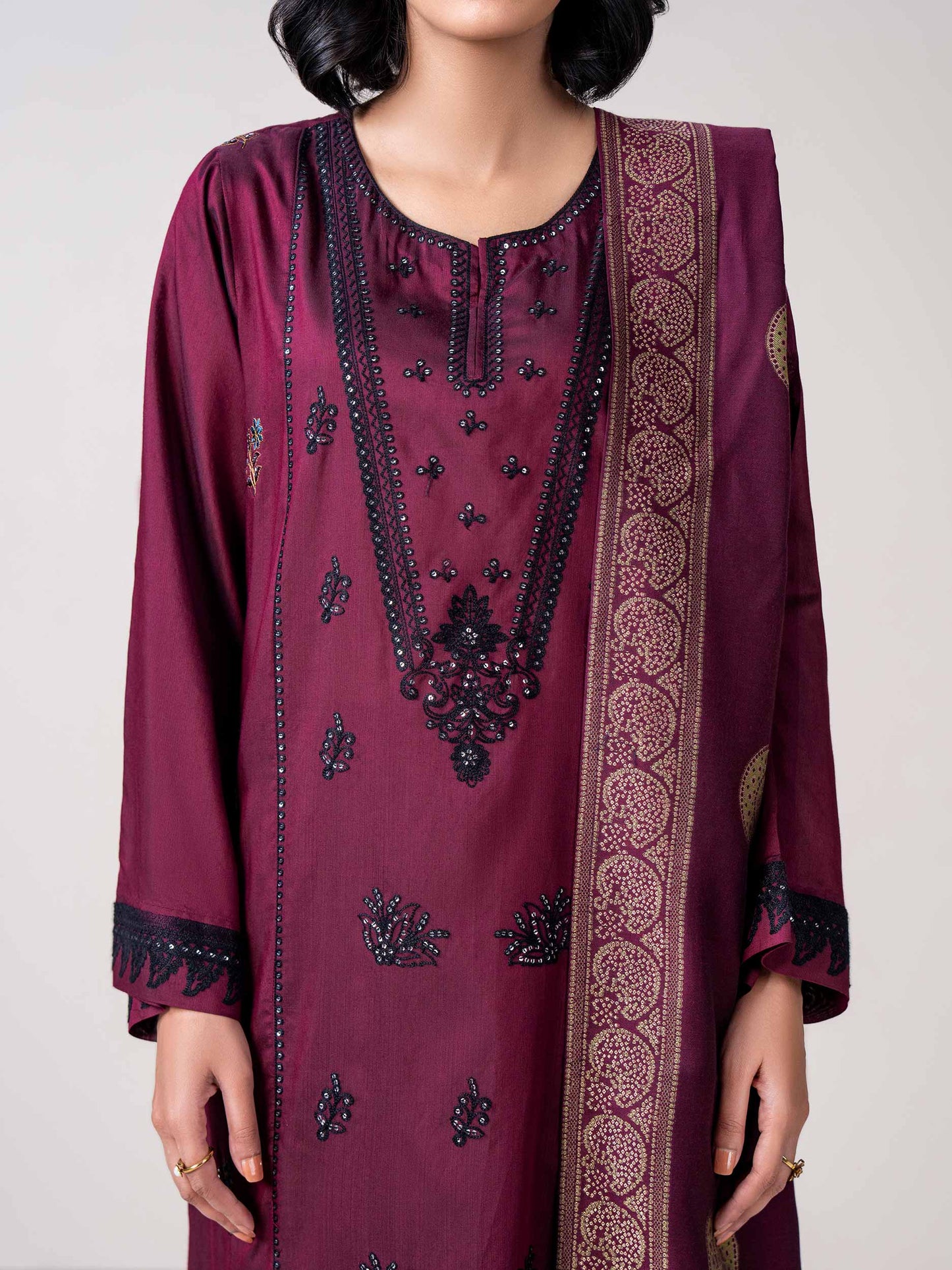 3 Piece Raw Silk Suit- Embroidered (Pret)