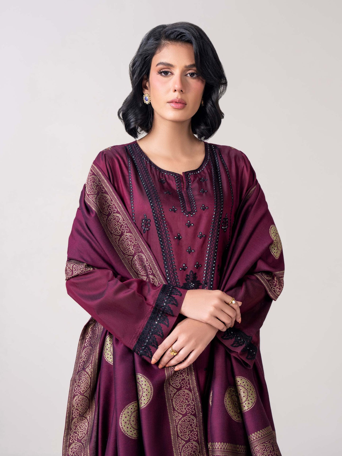3 Piece Raw Silk Suit- Embroidered (Pret)