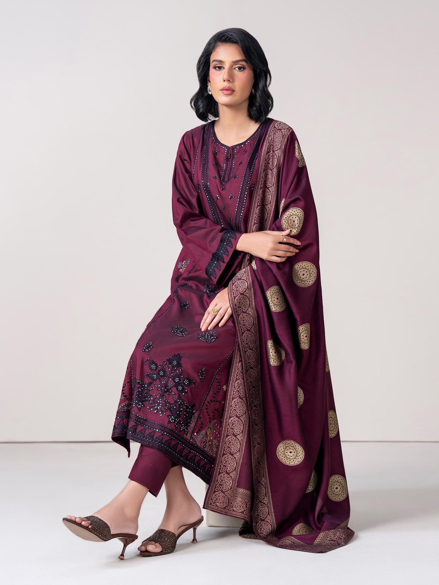 3 Piece Raw Silk Suit- Embroidered (Pret)