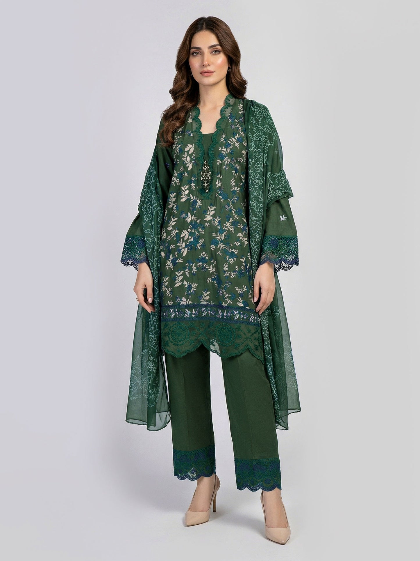 3 Piece Satin Suit- Embroidered (Pret)