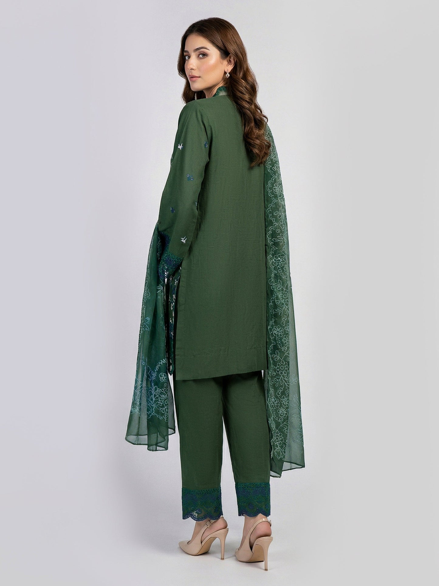 3 Piece Satin Suit- Embroidered (Pret)