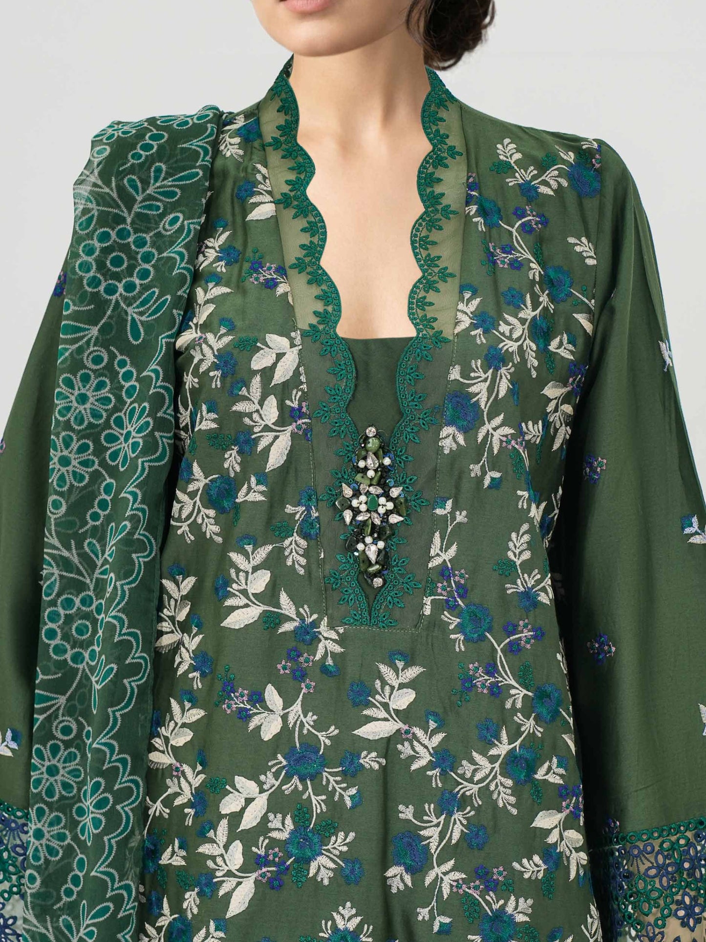 3 Piece Satin Suit- Embroidered (Pret)